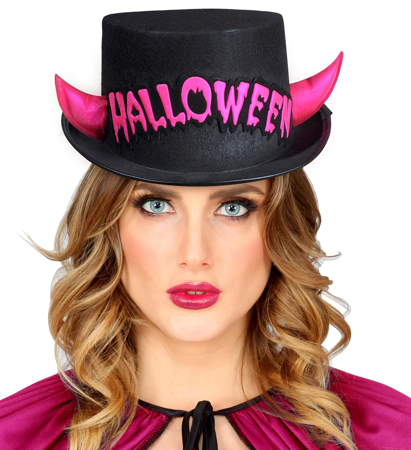 Zwarte hoge hoed Halloween met roze duivel hoorntjes - Image 2