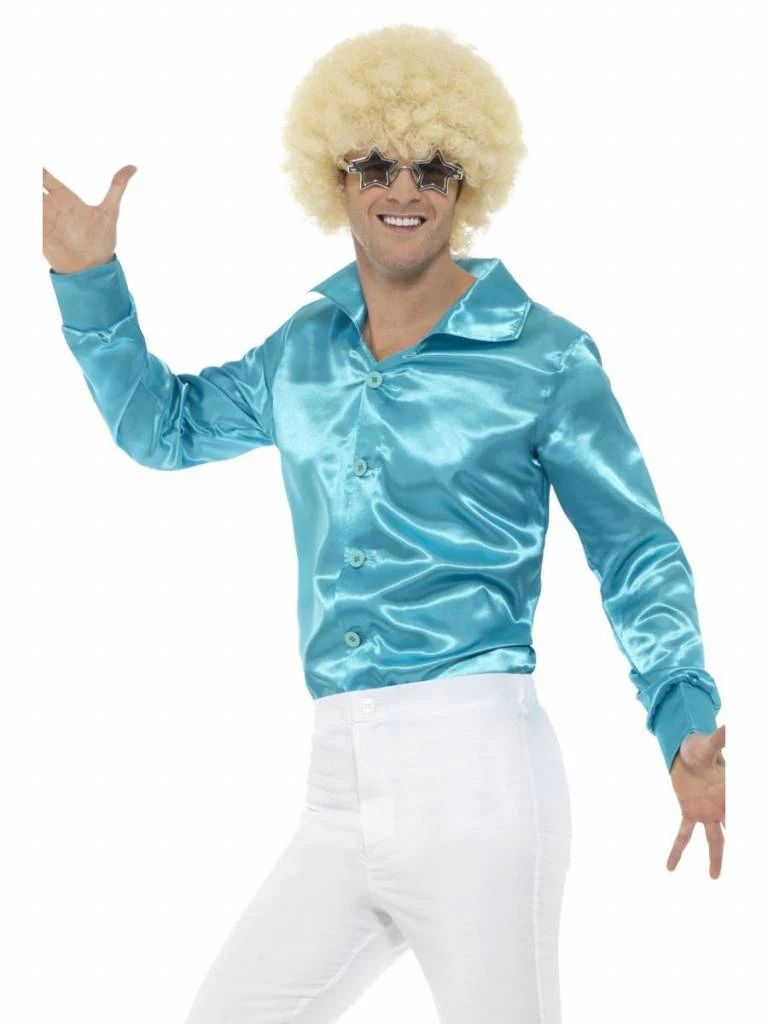 Blauw glanzend disco shirt heren Maat Medium