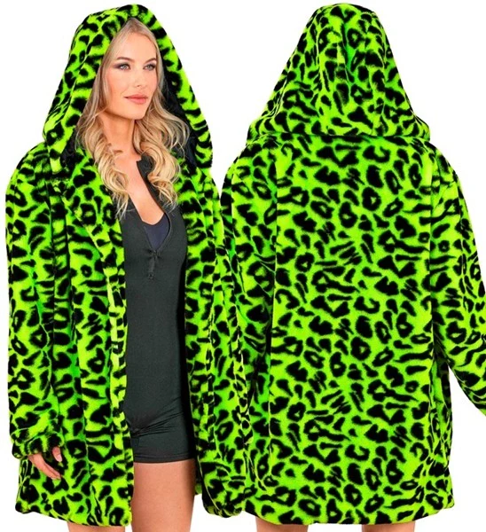 Bontjas met muts pluche luipaard neon groen Daan - Image 3