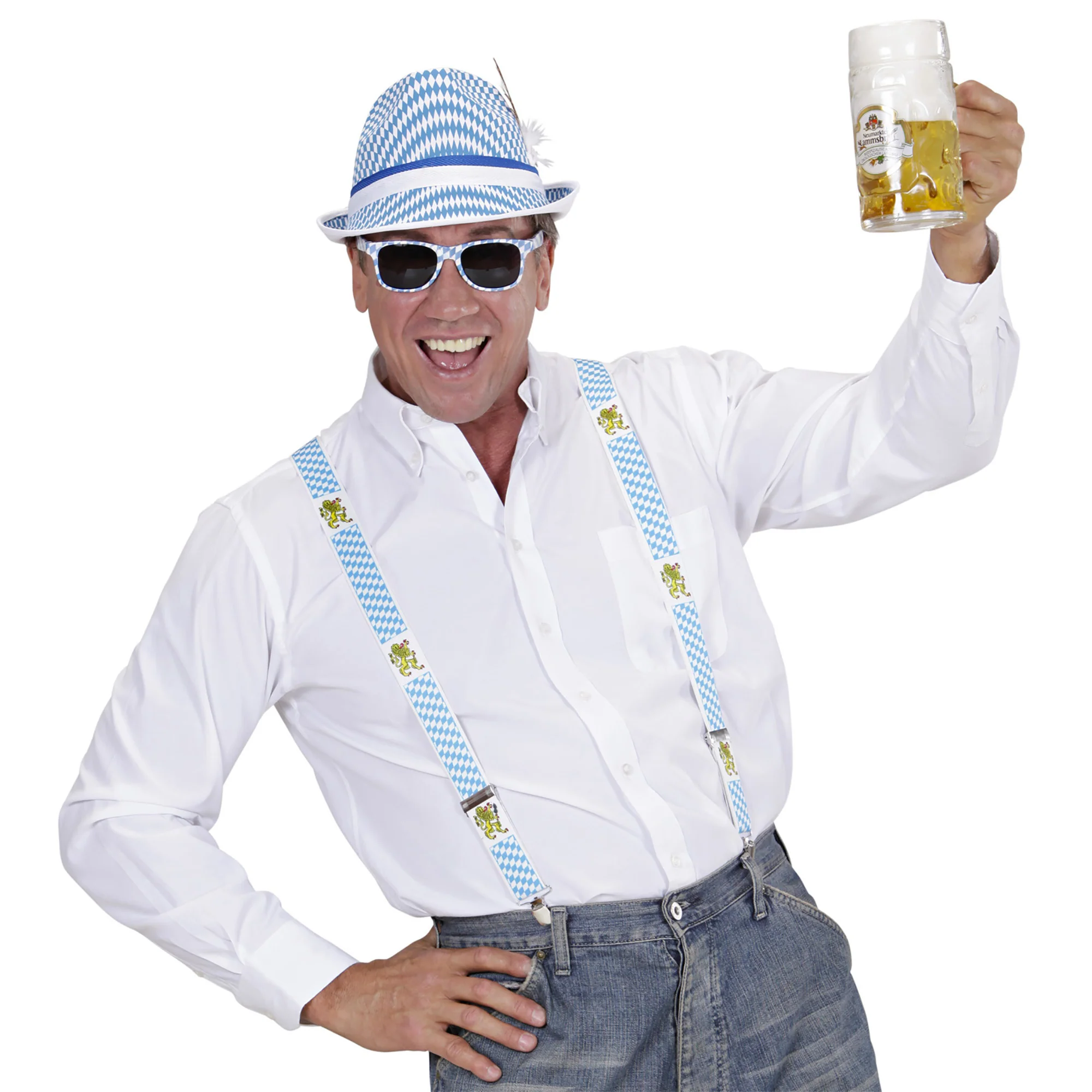 Oktoberfest gleufhoed met veer blauw wit - Image 2