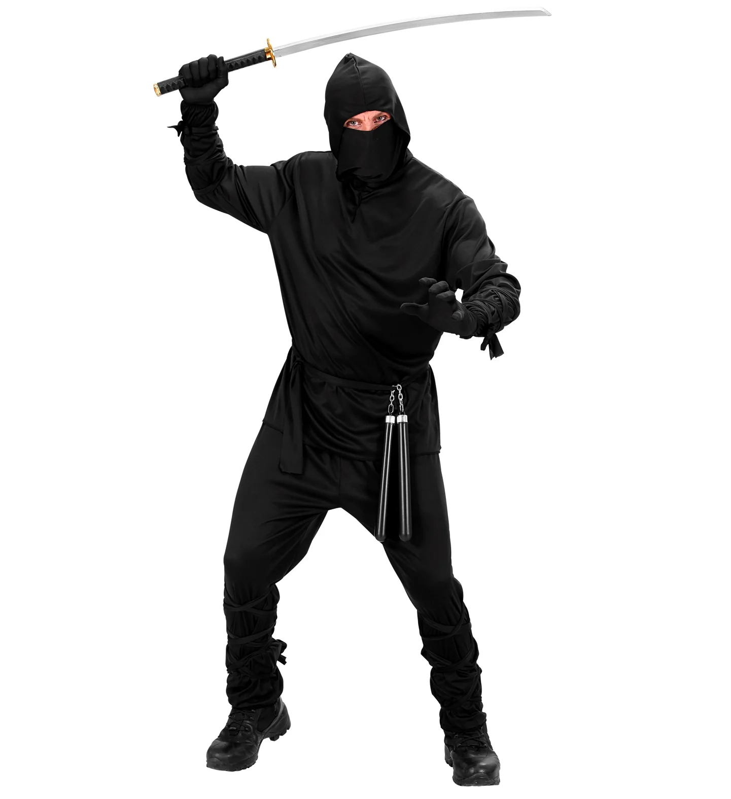 Ninja pak heren zwart met kapmantel, broek, riem, masker, arm en been banden - Image 2