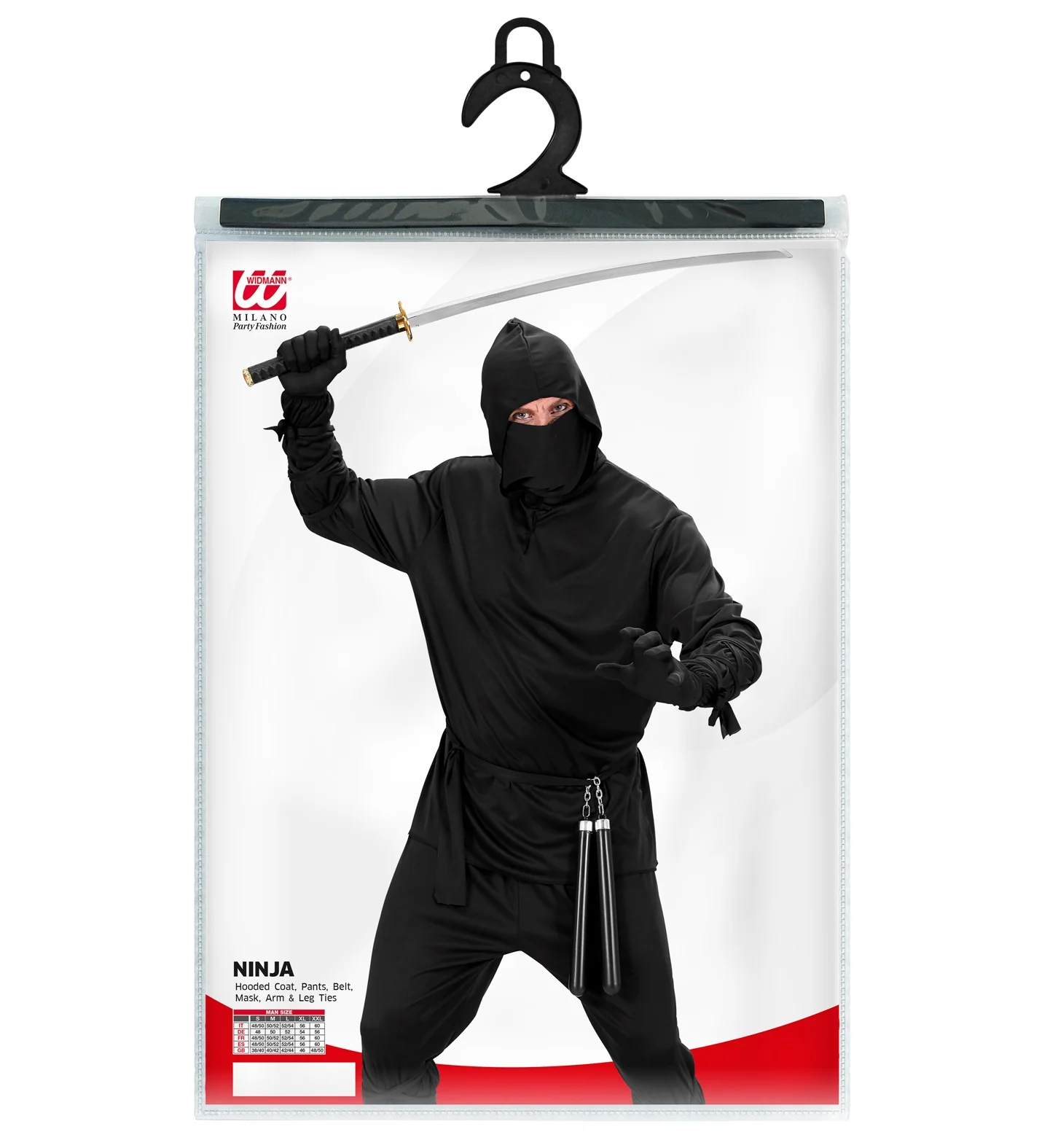Ninja pak heren zwart met kapmantel, broek, riem, masker, arm en been banden - Image 4
