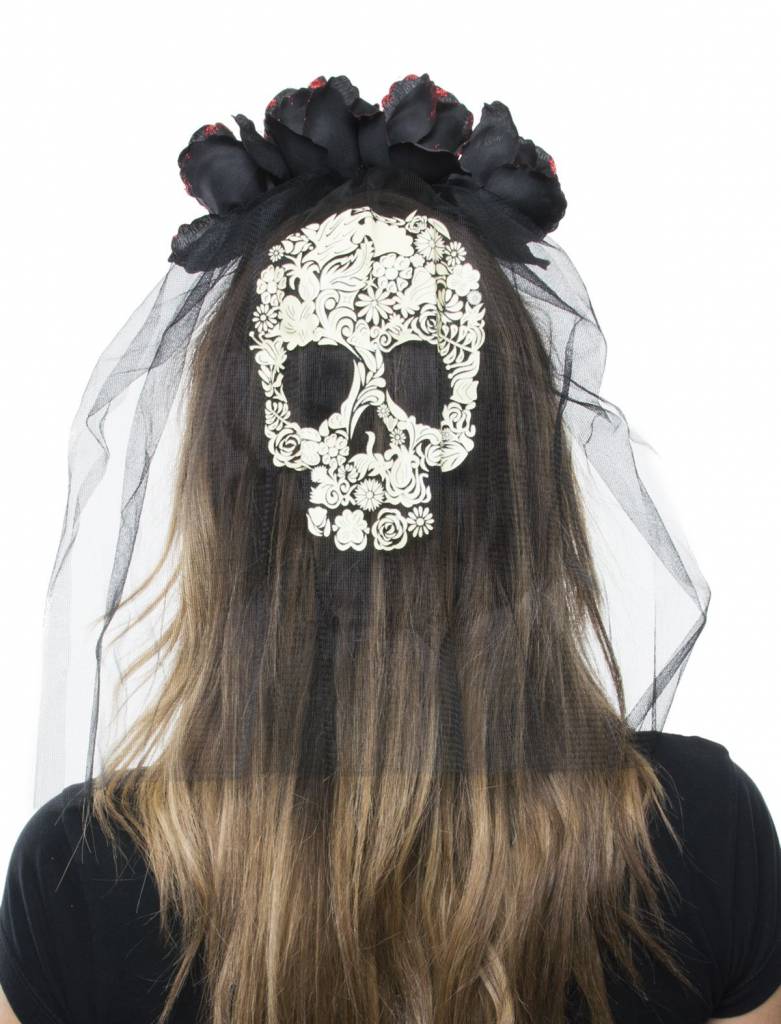 Doodsbruid hoofdband met zwarte rozen en sluier - Image 2