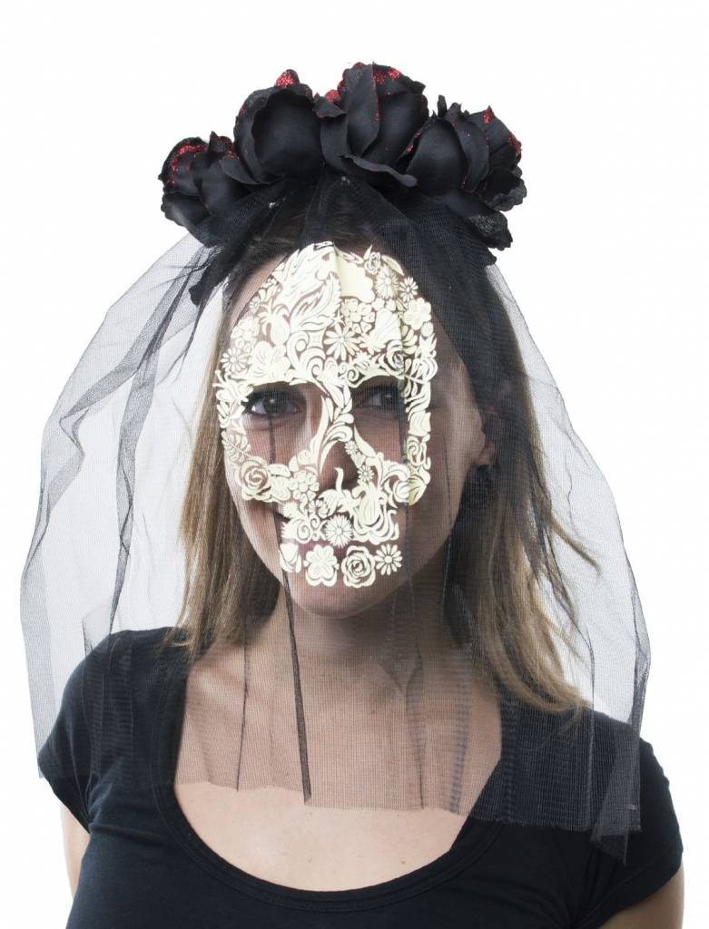 Doodsbruid hoofdband met zwarte rozen en sluier - Image 3