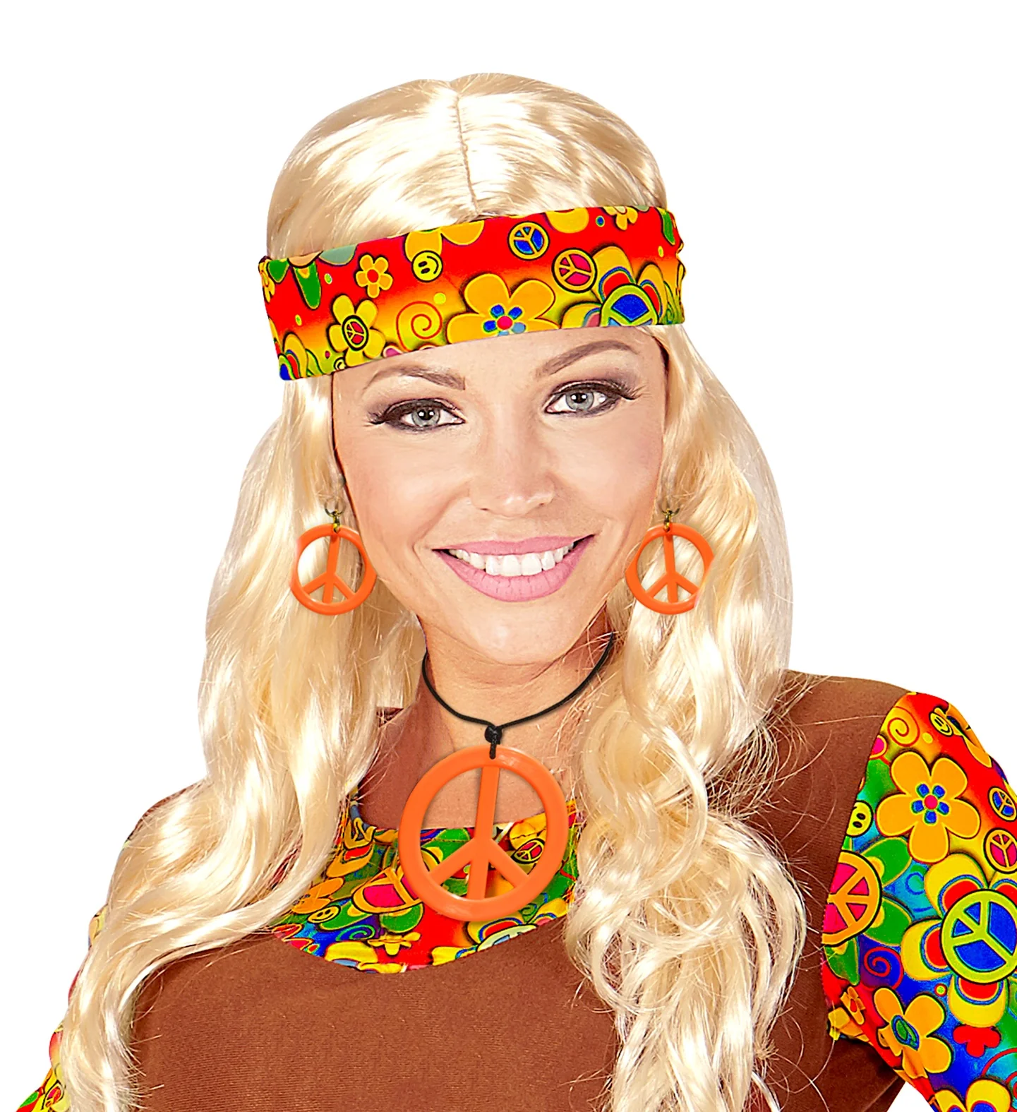 Hippie Peace ketting en oorbellen oranje - Image 3
