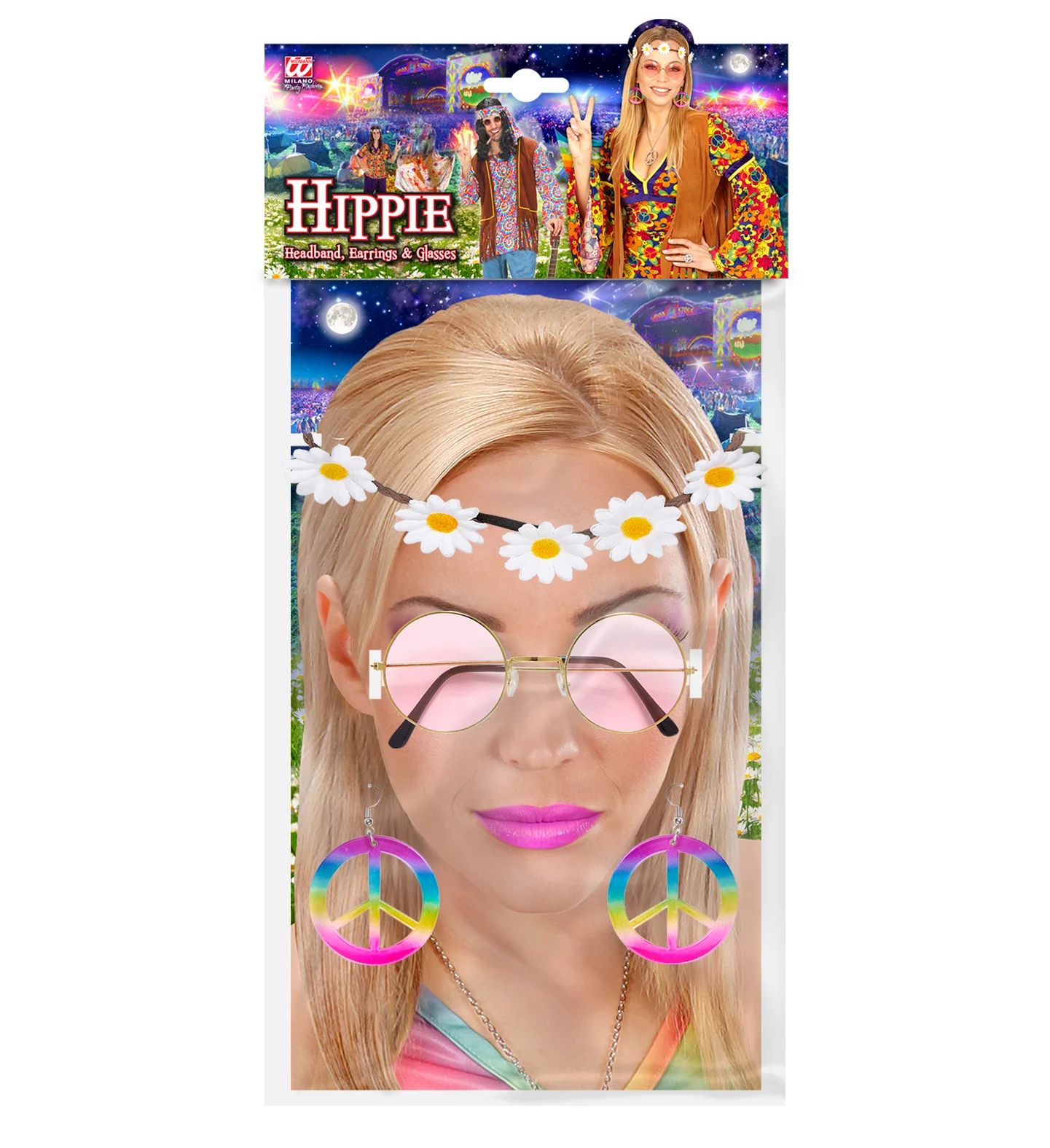 Hippie accessoireset dames heren met bloemen hoofdband, oorbellen en bril - Image 3