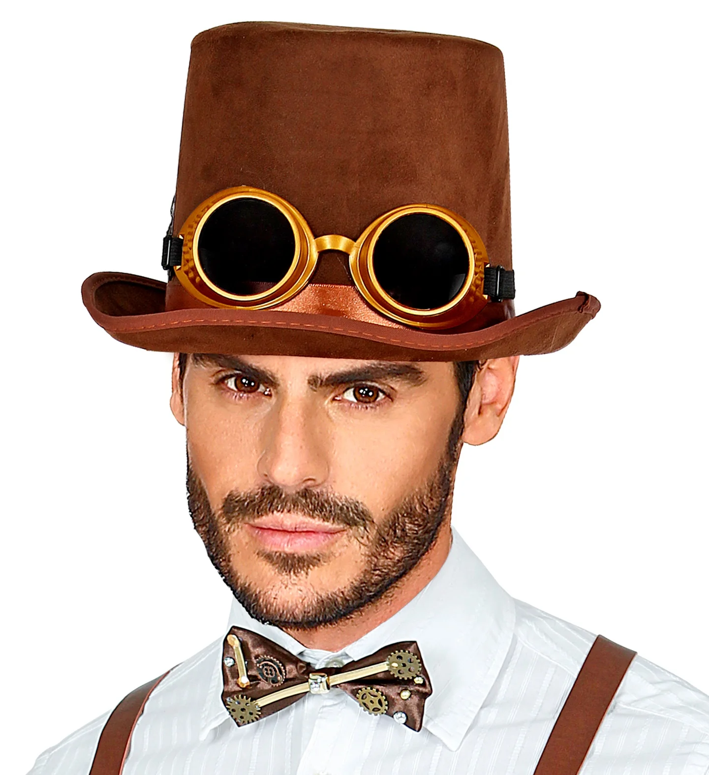 Hoge hoed steampunk bruin met stofbril - Image 5