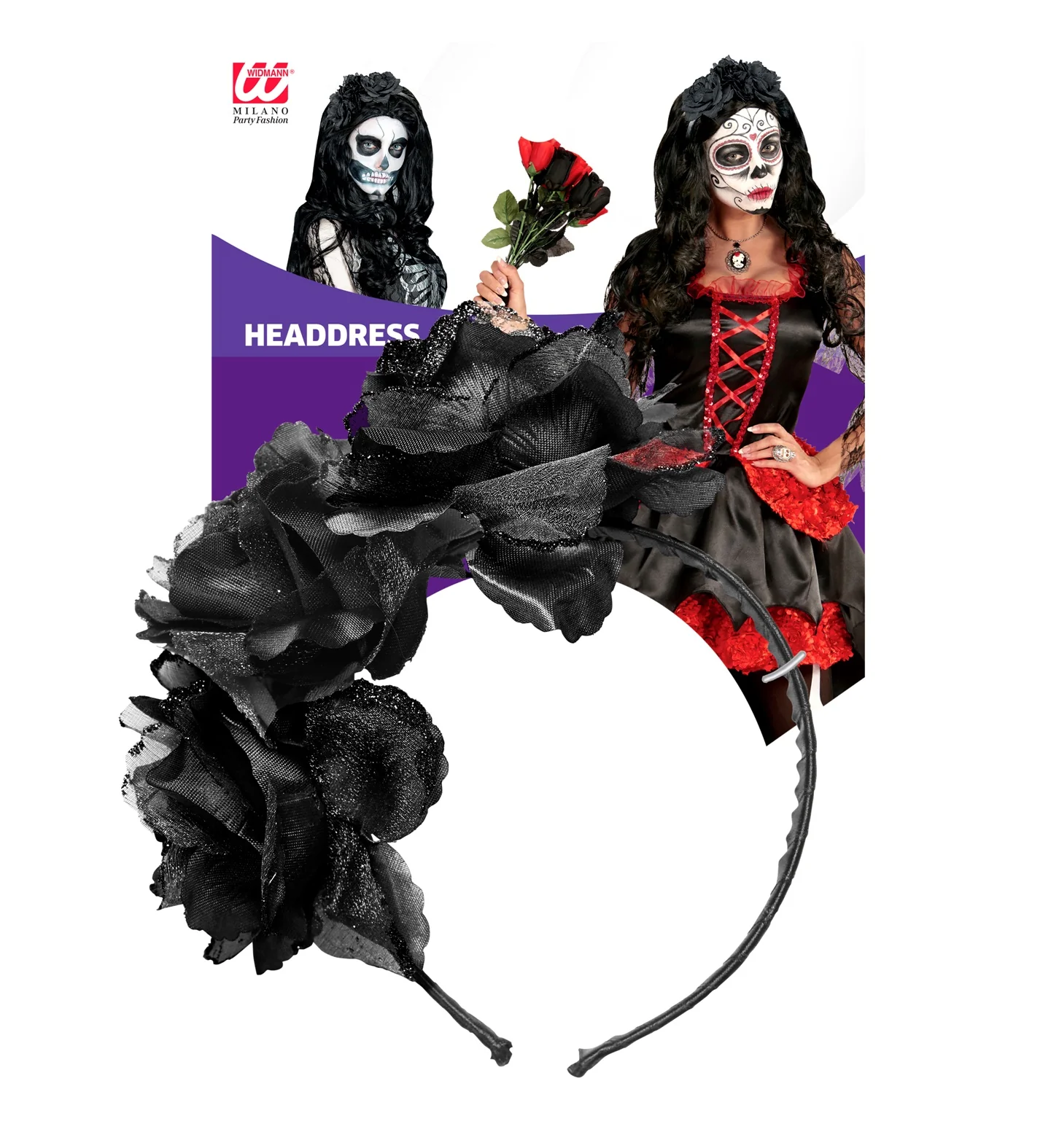 Diadeem  day of death met 3 rozen zwart glitter - Image 4