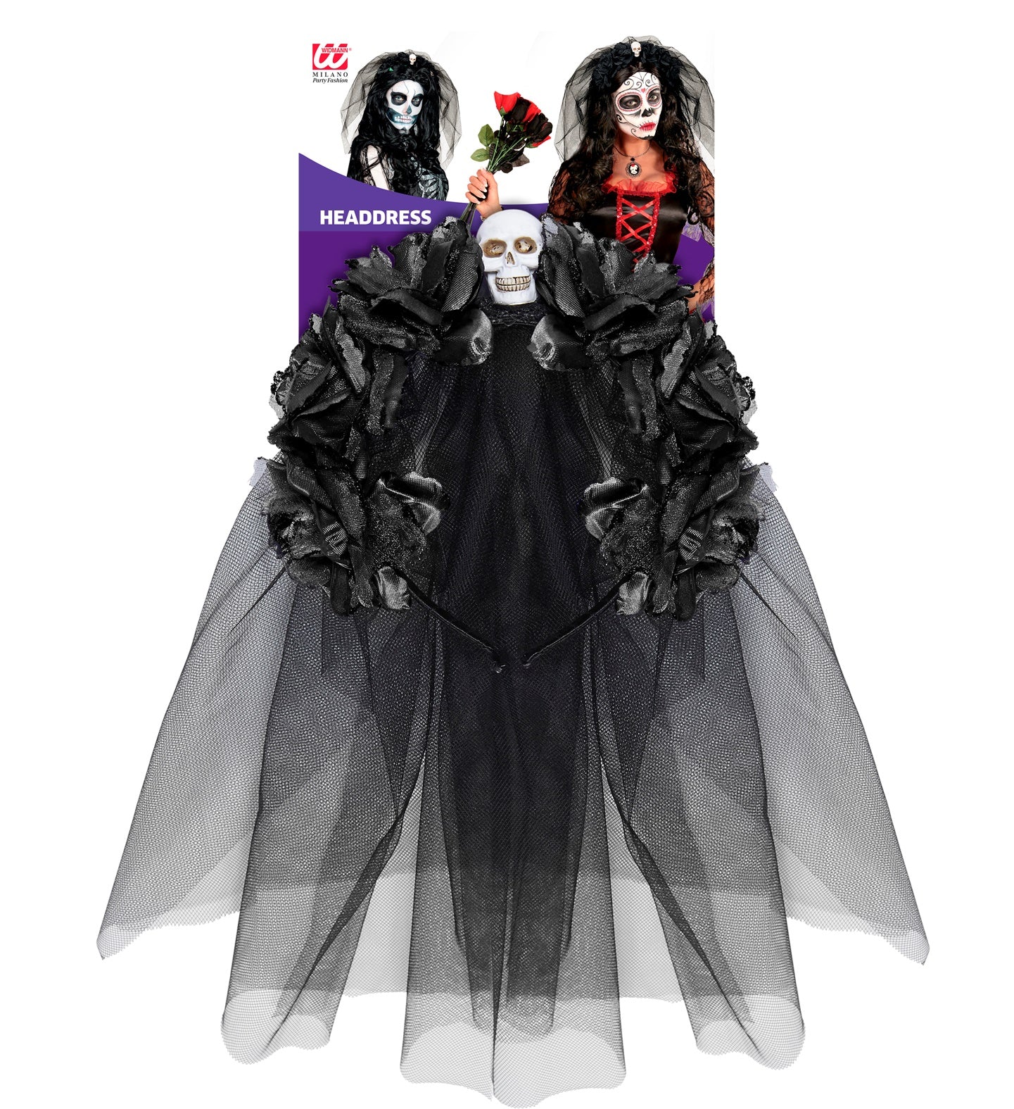 Diadeem  day of death met 6 rozen  schedel en sluier zwart - Image 6