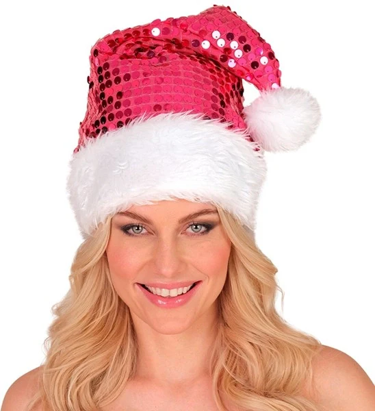 Kerstman muts pluche en pailletten roze Joep