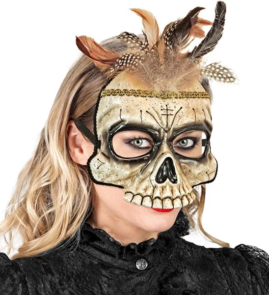 Kinloos masker voodoo schedel met veren Maud - Image 2