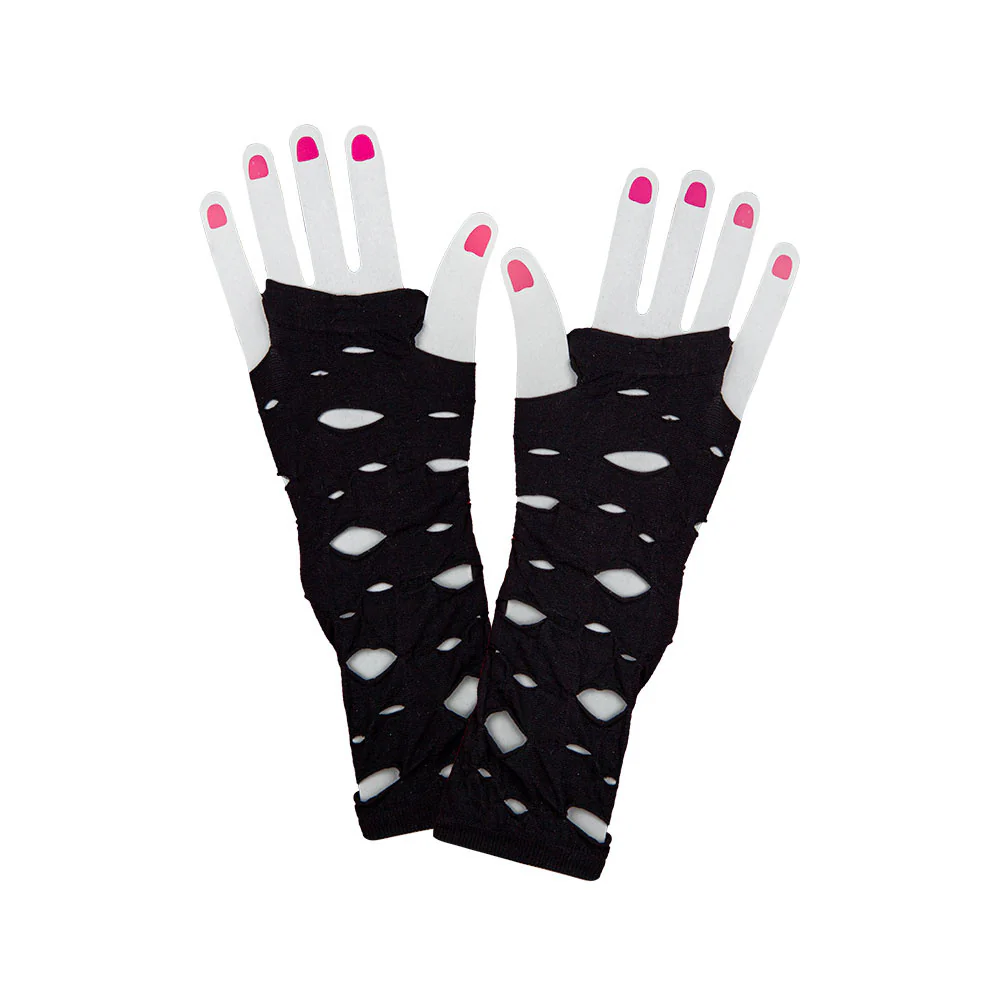 Lange zwarte vingerloze handschoenen met gaten