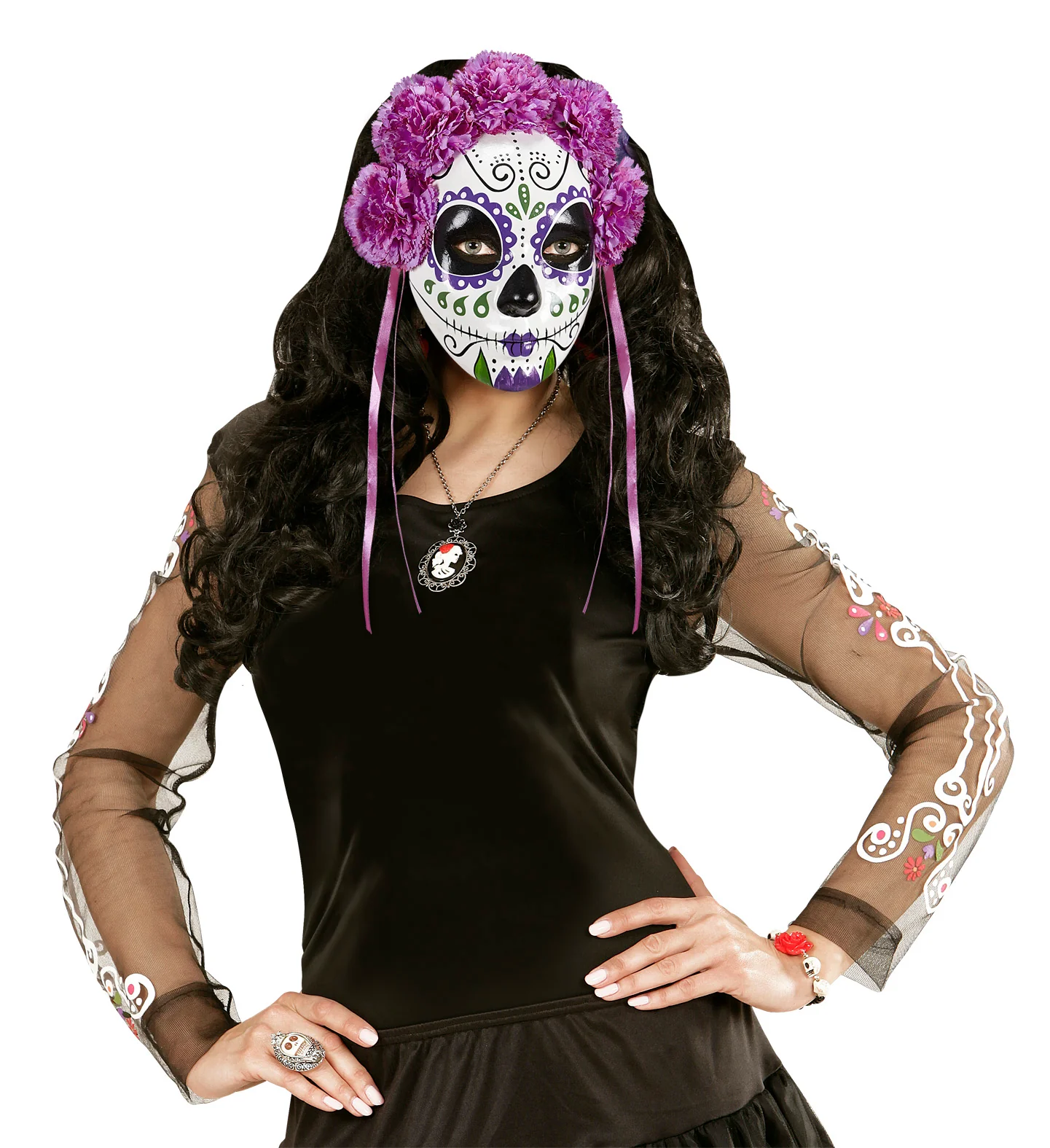 Masker Dia De Los Muertos Met Paarse Rozen - Image 3