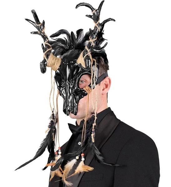 Masker sjamaan schedel stier met zwarte veren Sem - Image 2