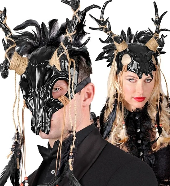 Masker sjamaan schedel stier met zwarte veren Sem - Image 4