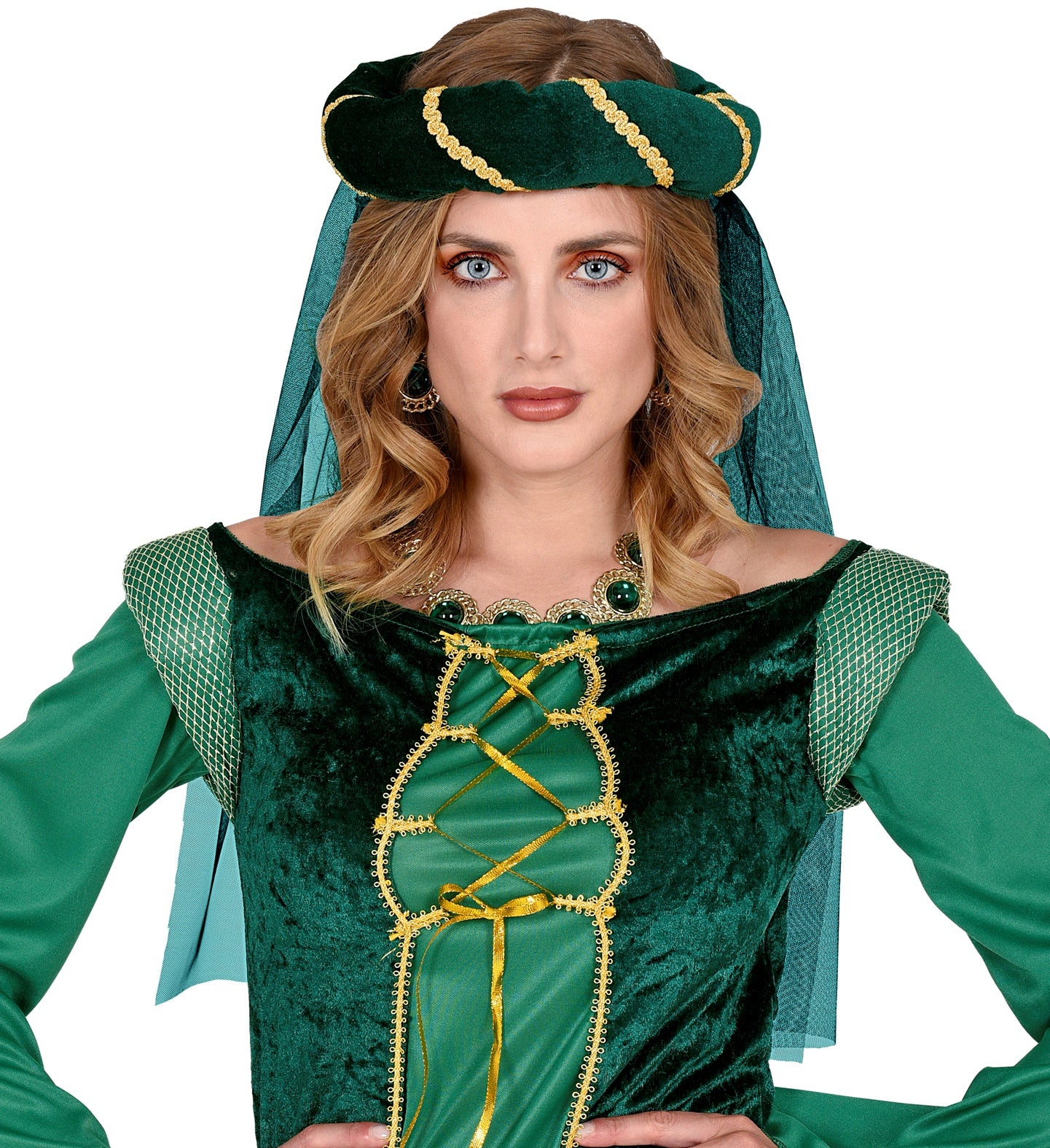 Hoofdbedekking met sluier middeleeuwse koningin groen - Image 2