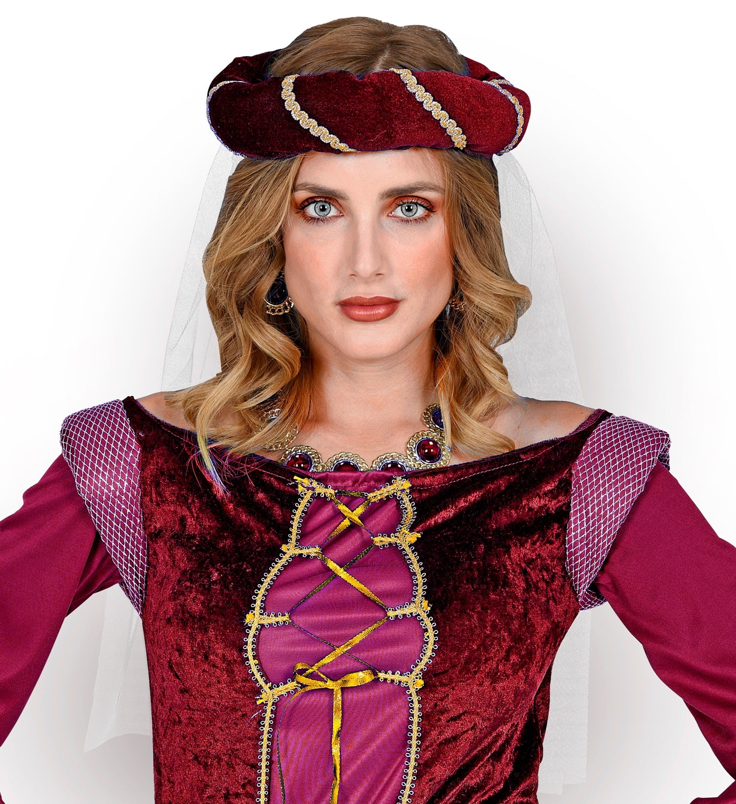 Hoofdbedekking met sluier middeleeuwse koningin rood/bordeaux rood - Image 2