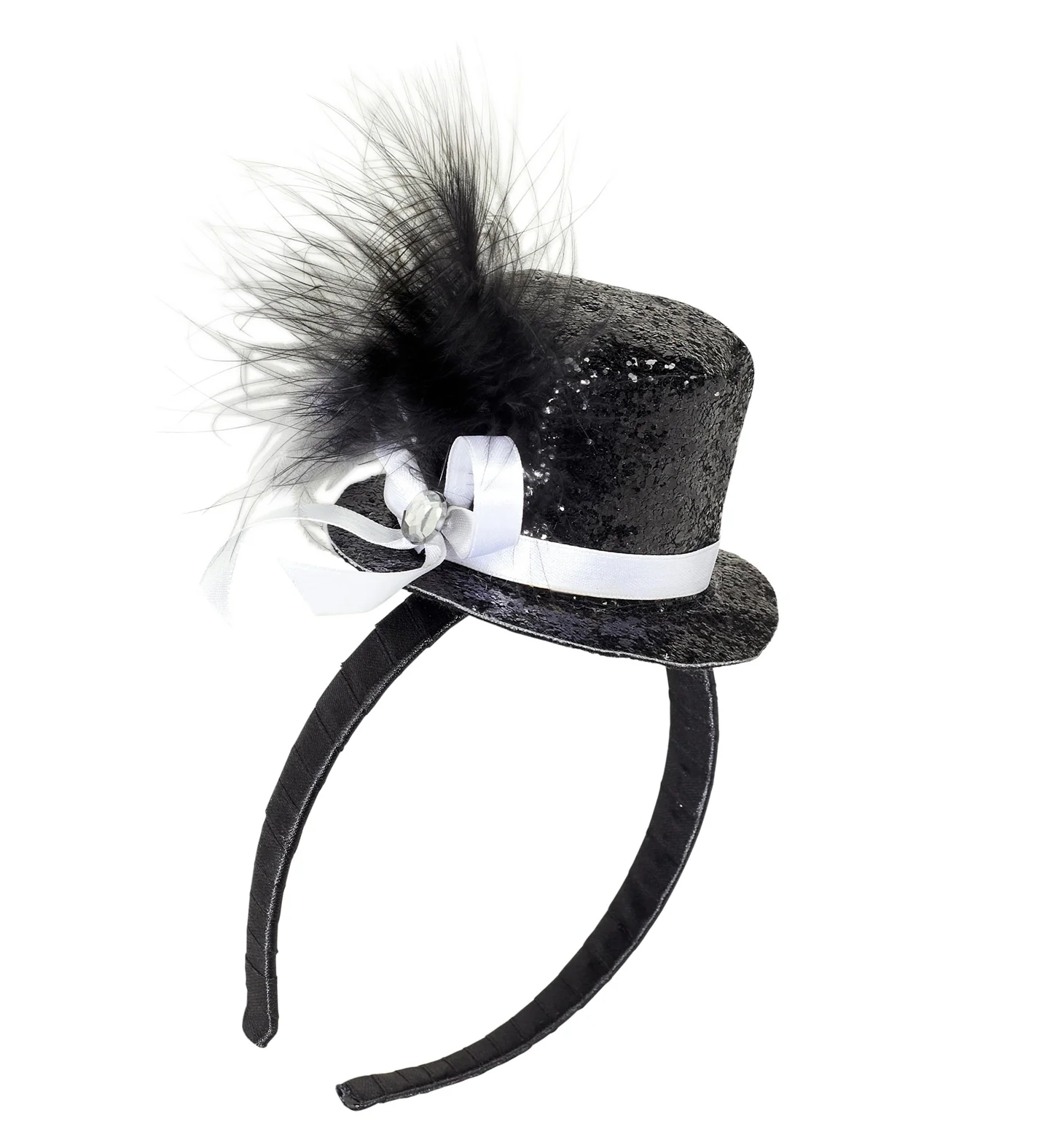 Haarband glitter hoedje met veer zwart