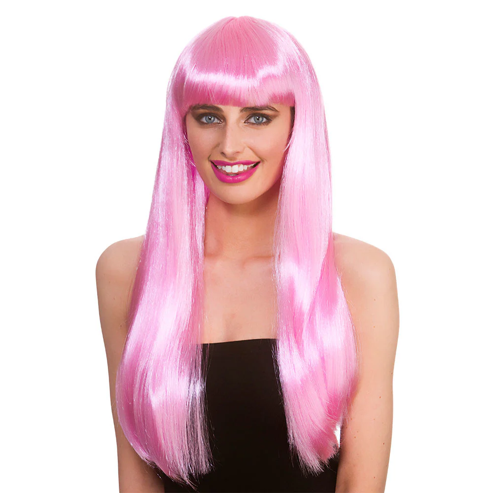 Roze pruik Fantasy lang haar met pony