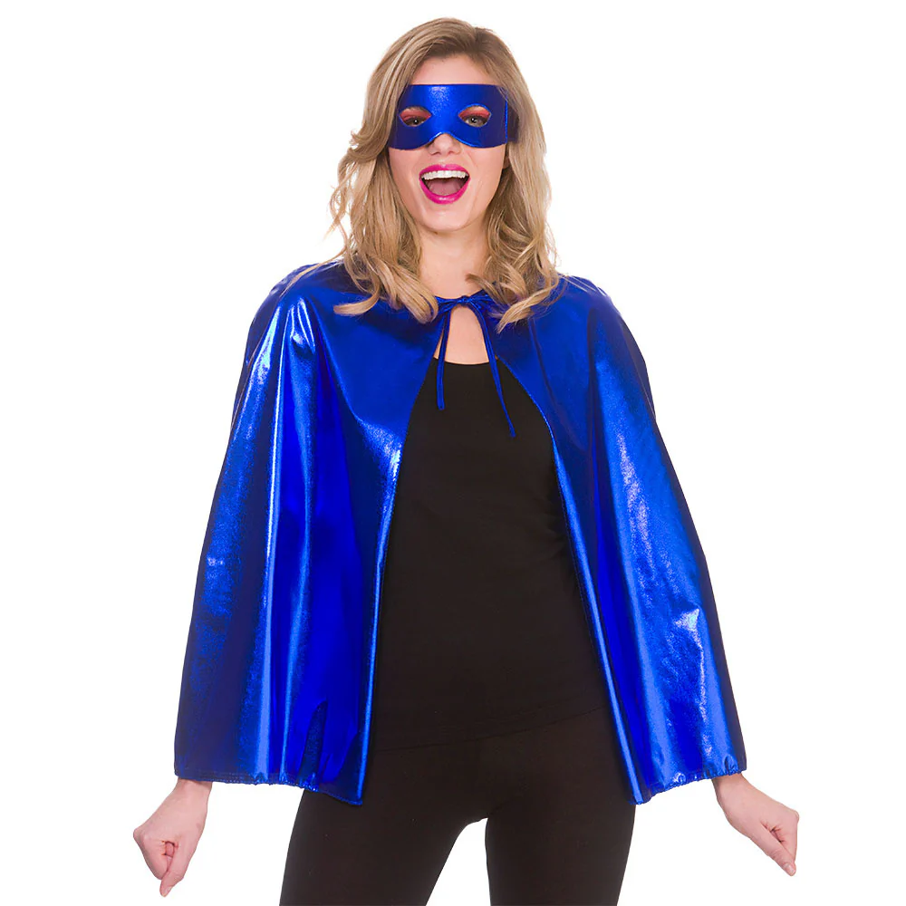 Super helden cape metallic met masker 60cm blauw - Image 3