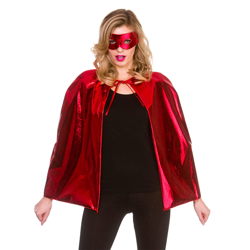 Super helden cape metallic met masker 60cm rood - Image 3