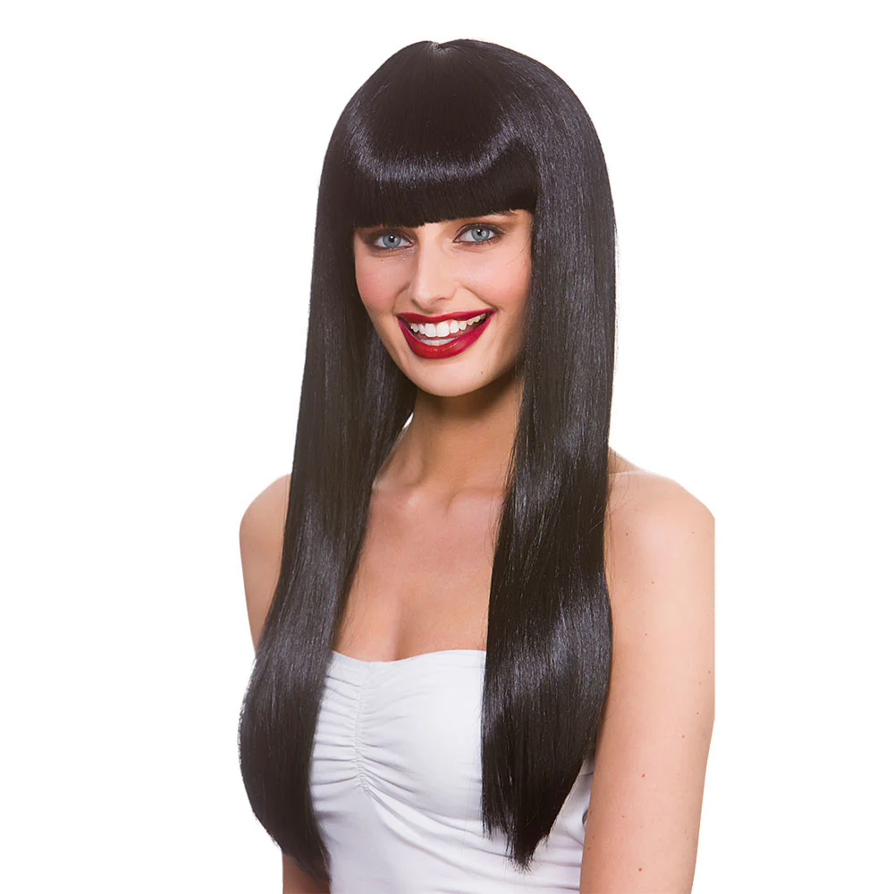 Zwarte pruik Fantasy lang haar met pony