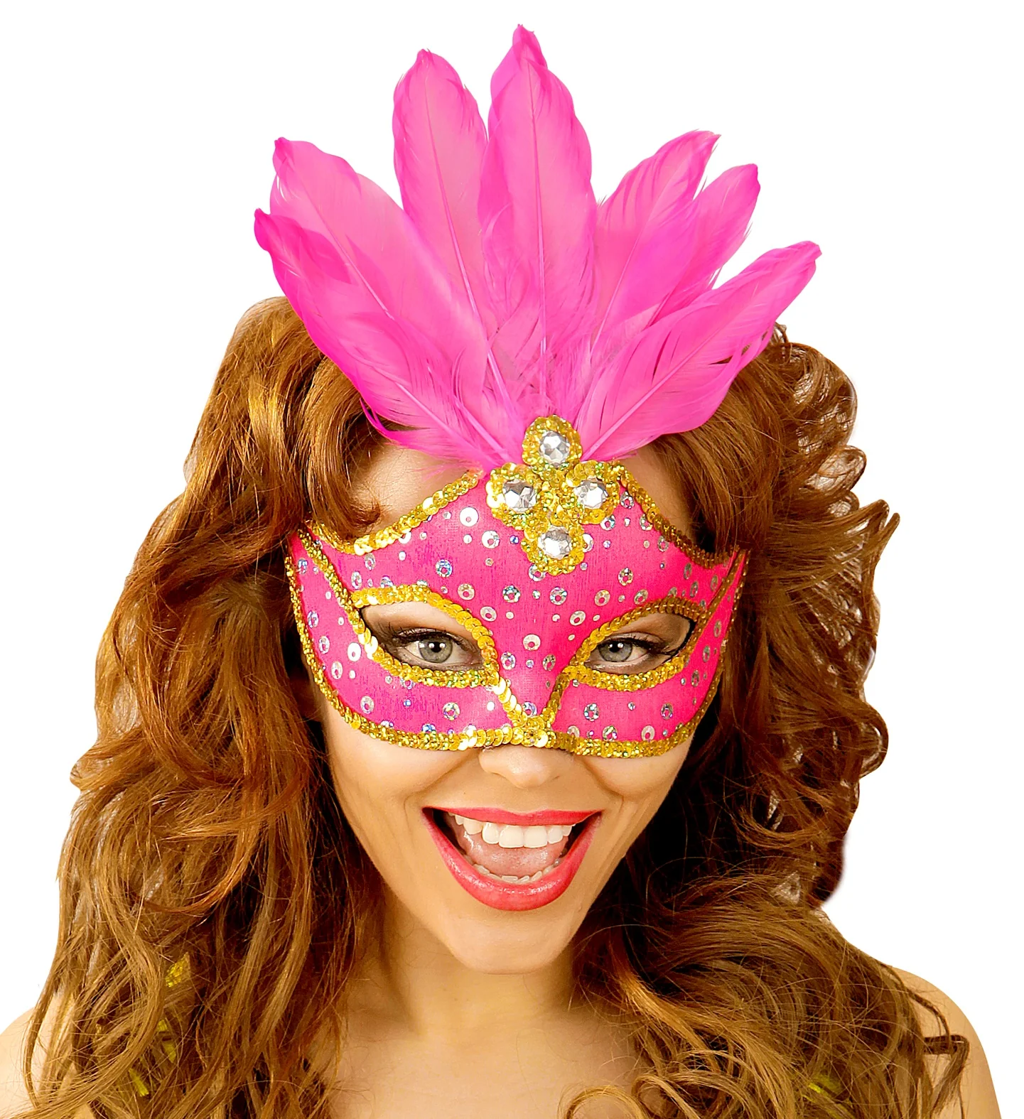 Oogmasker Brazilie Met Veren En Parels Neon Rose - Image 2