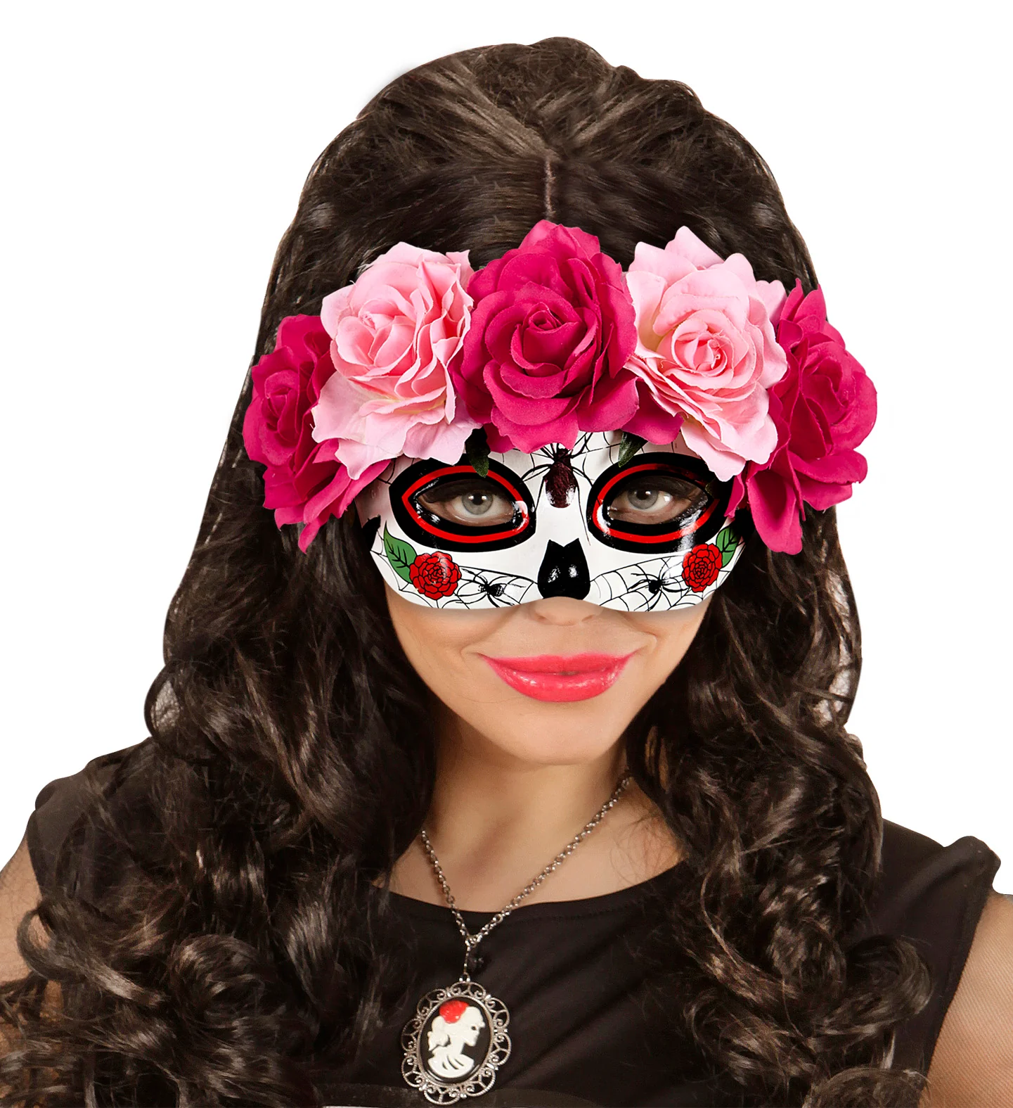 Oogmasker Dia De Los Muertos met roze bloemen. - Image 2