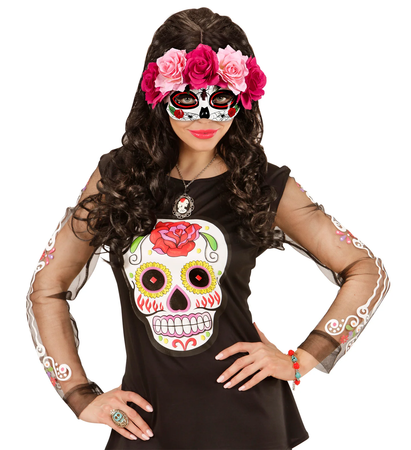 Oogmasker Dia De Los Muertos met roze bloemen. - Image 3