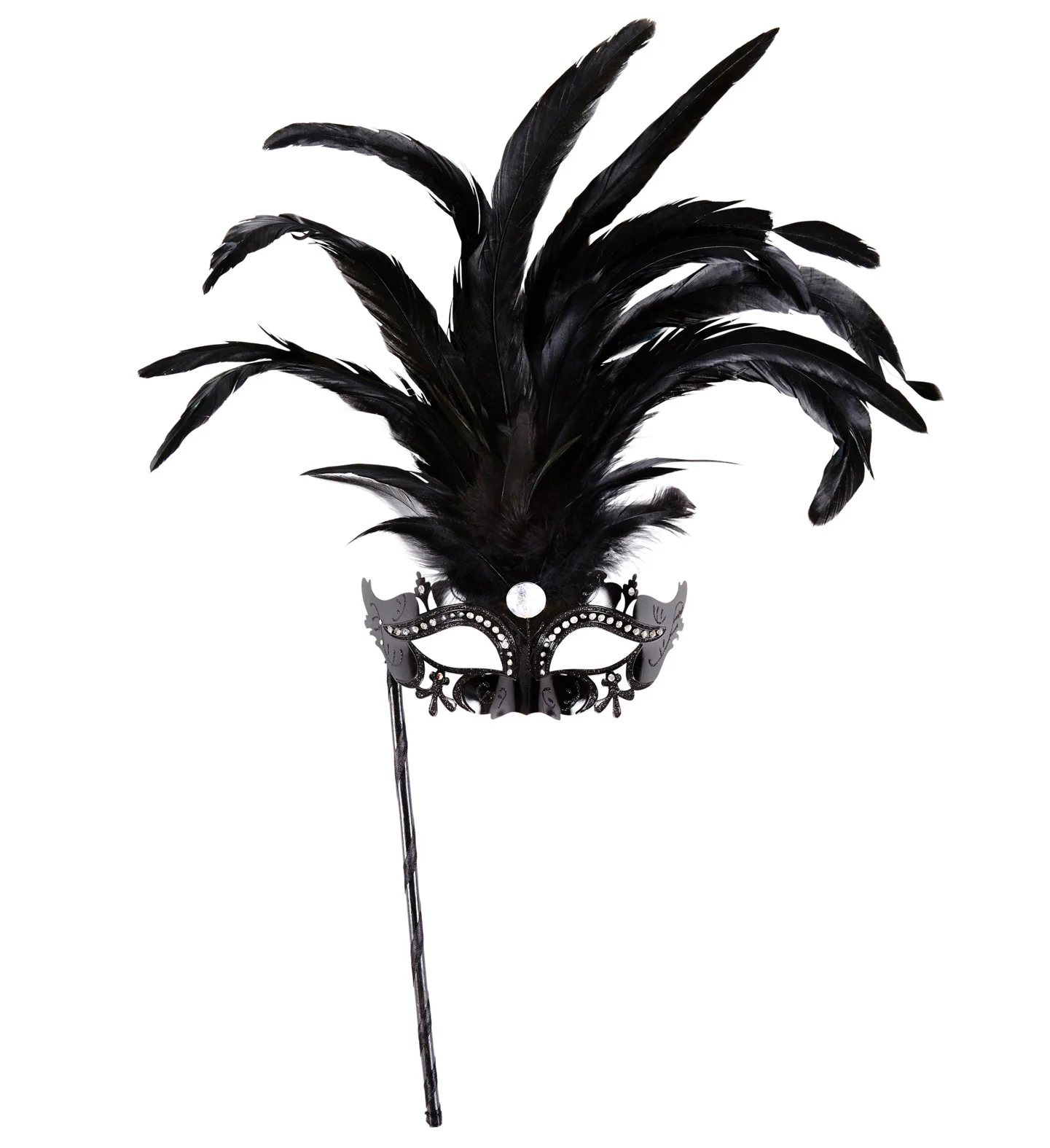 Oogmasker met veren op stokje
