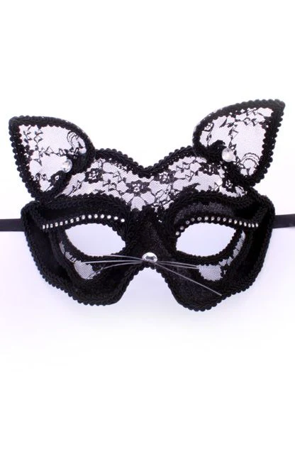 Oogmasker poes met kant zwart/wit LUXE
