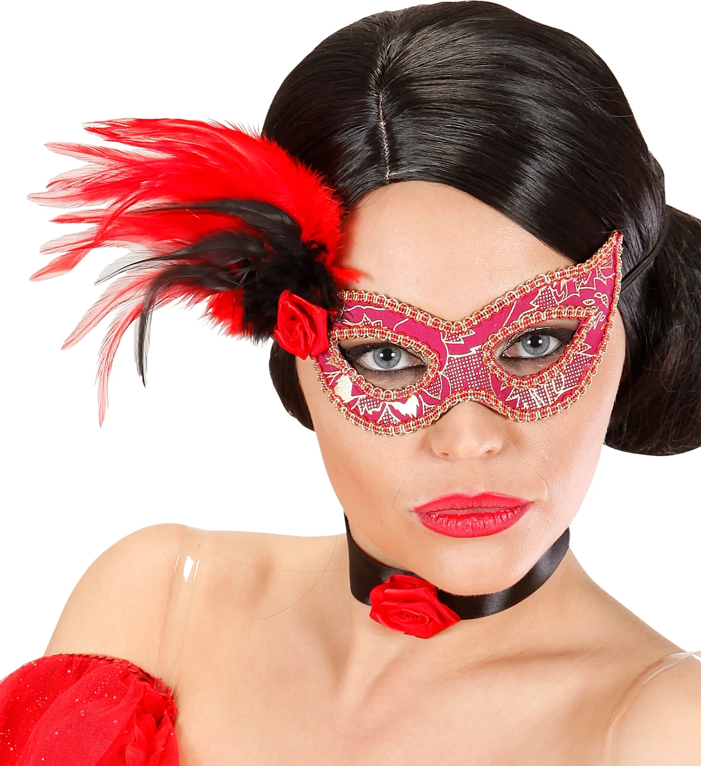 Oogmasker roze met veren zwart rood - Image 2