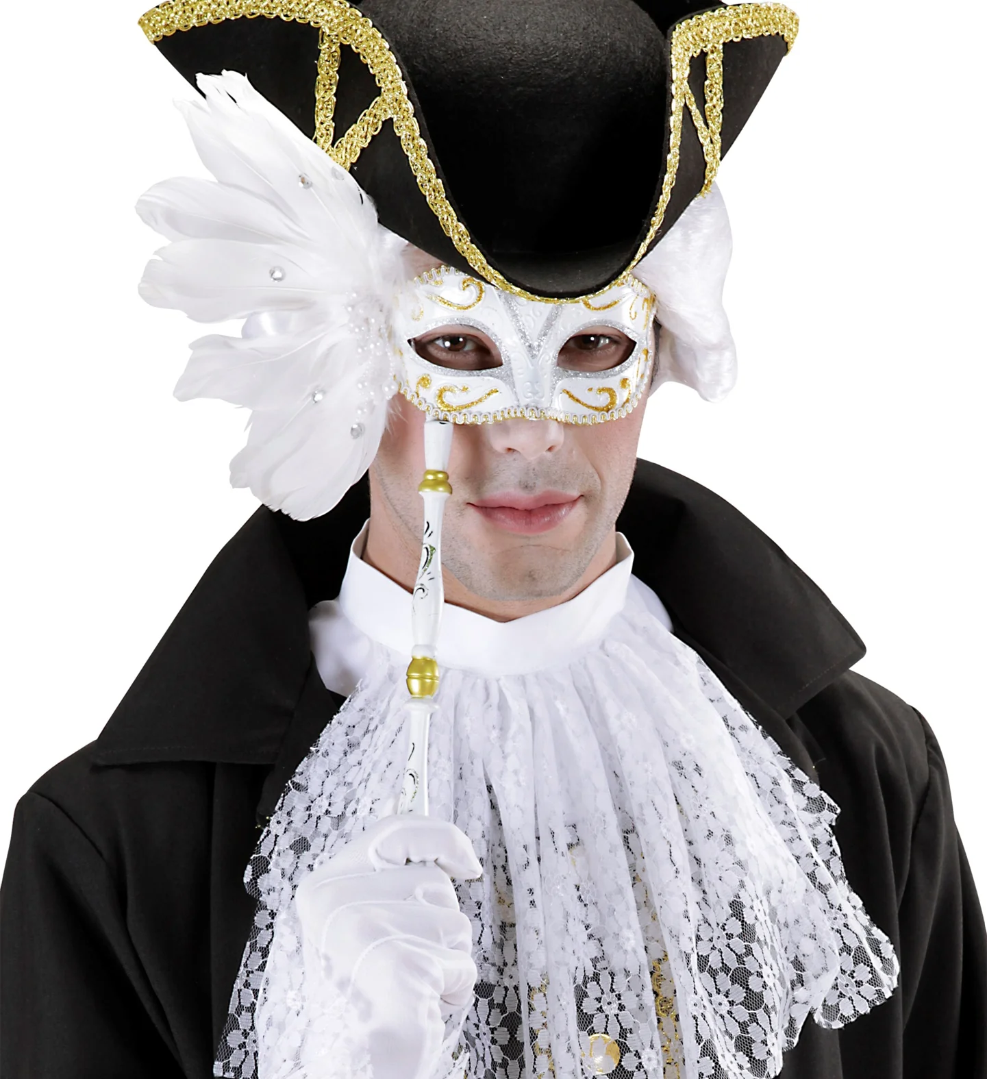 Oogmasker op stokje wit met veren - Image 2