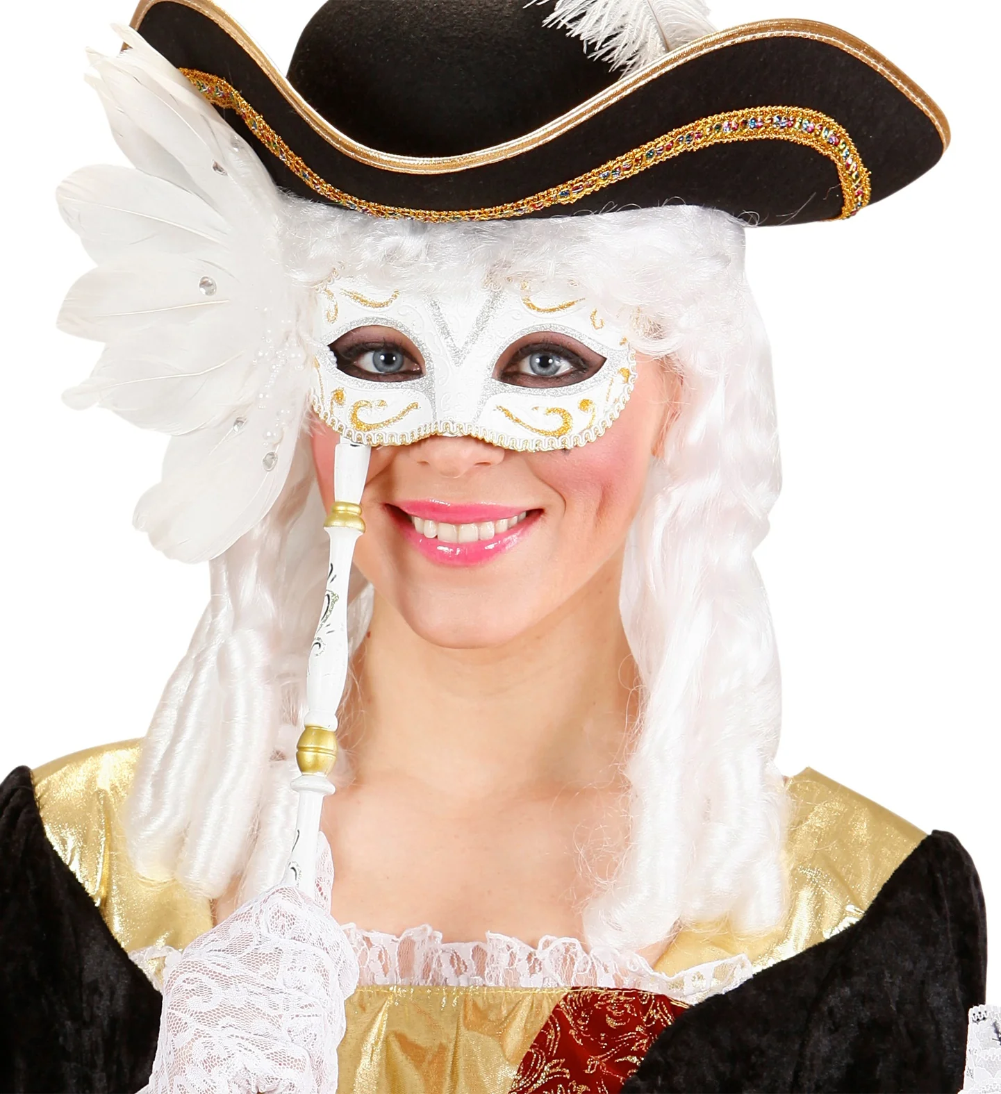 Oogmasker op stokje wit met veren - Image 3