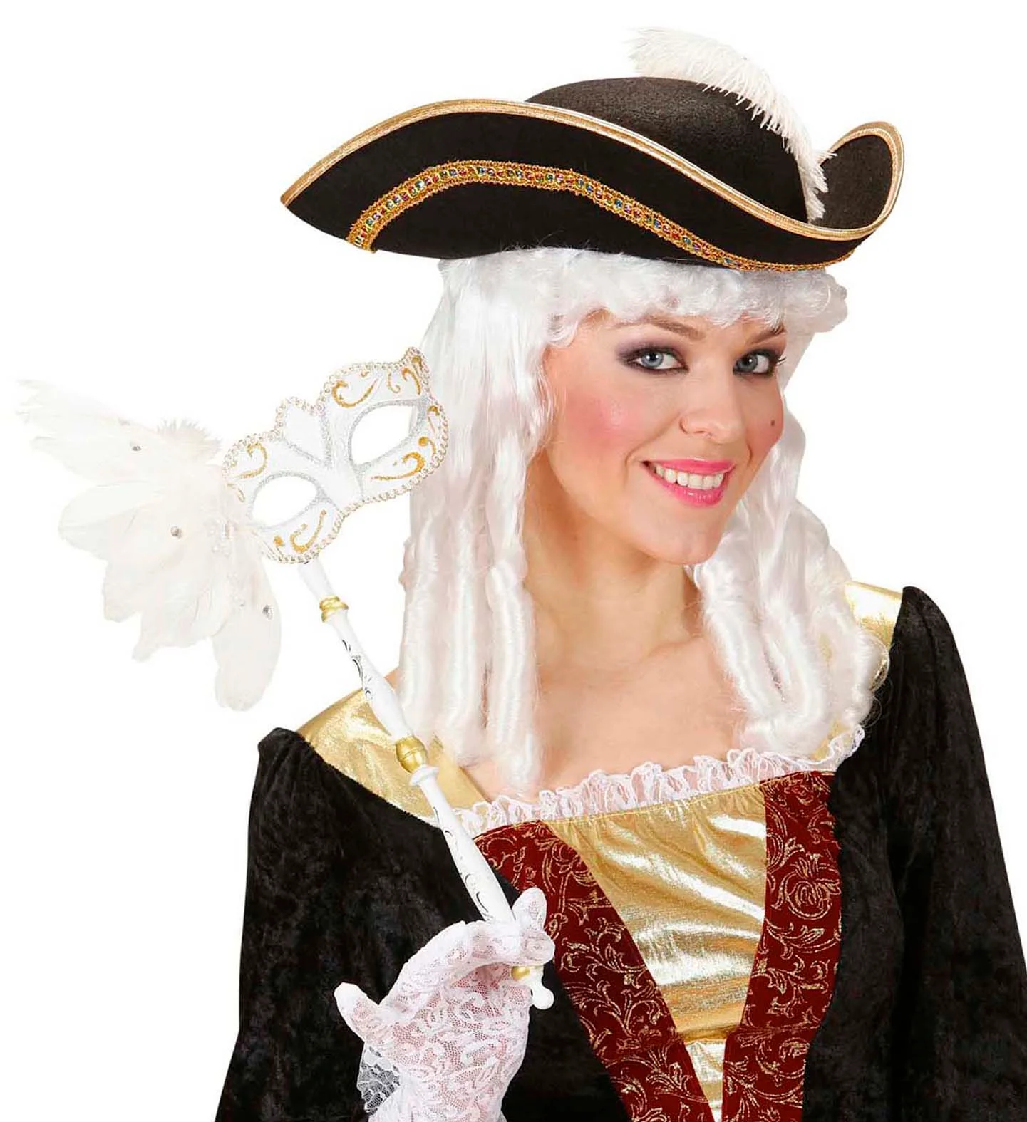 Oogmasker op stokje wit met veren - Image 5