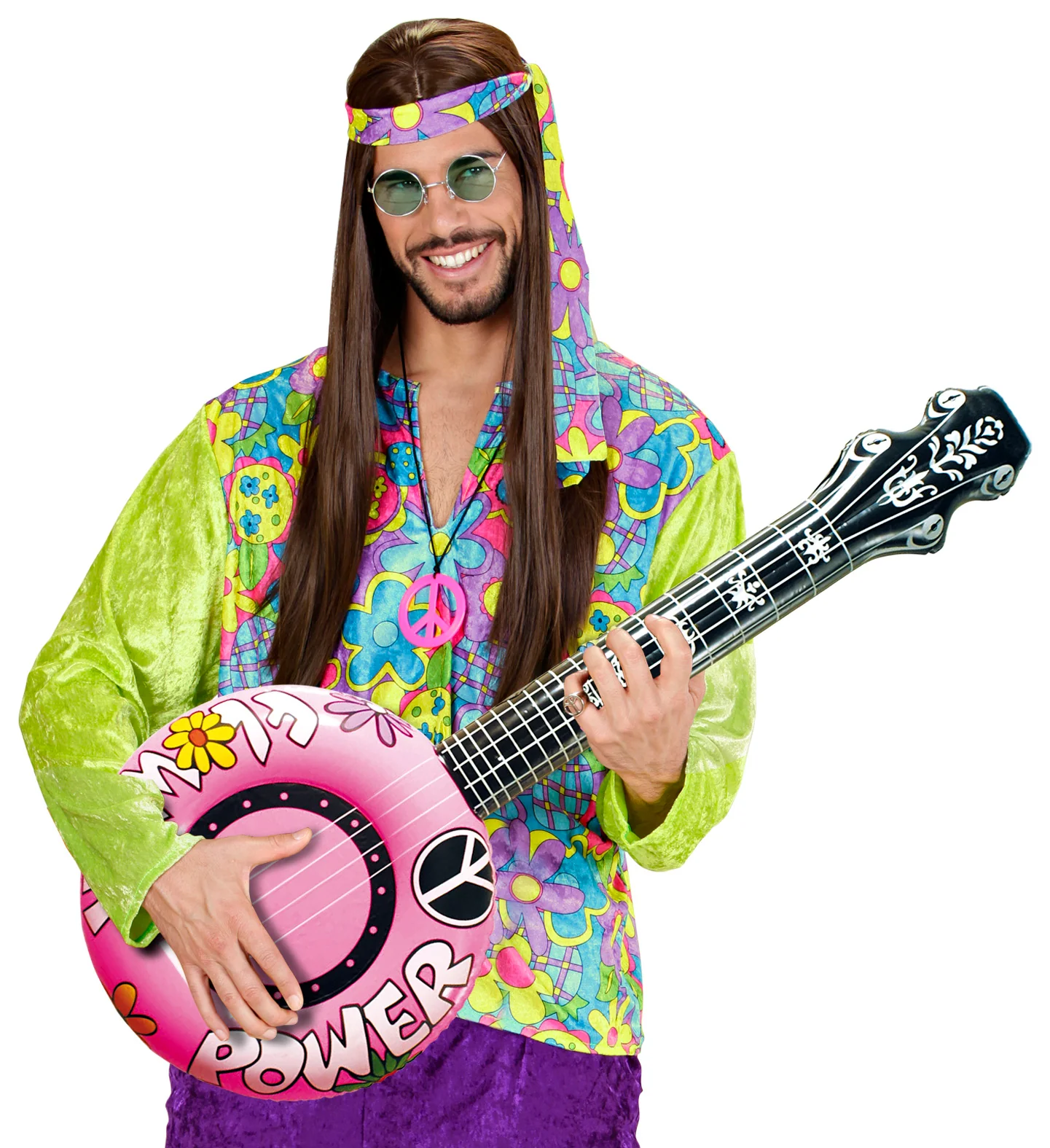 Opblaasbare banjo Hippie Flower power roze - Image 2
