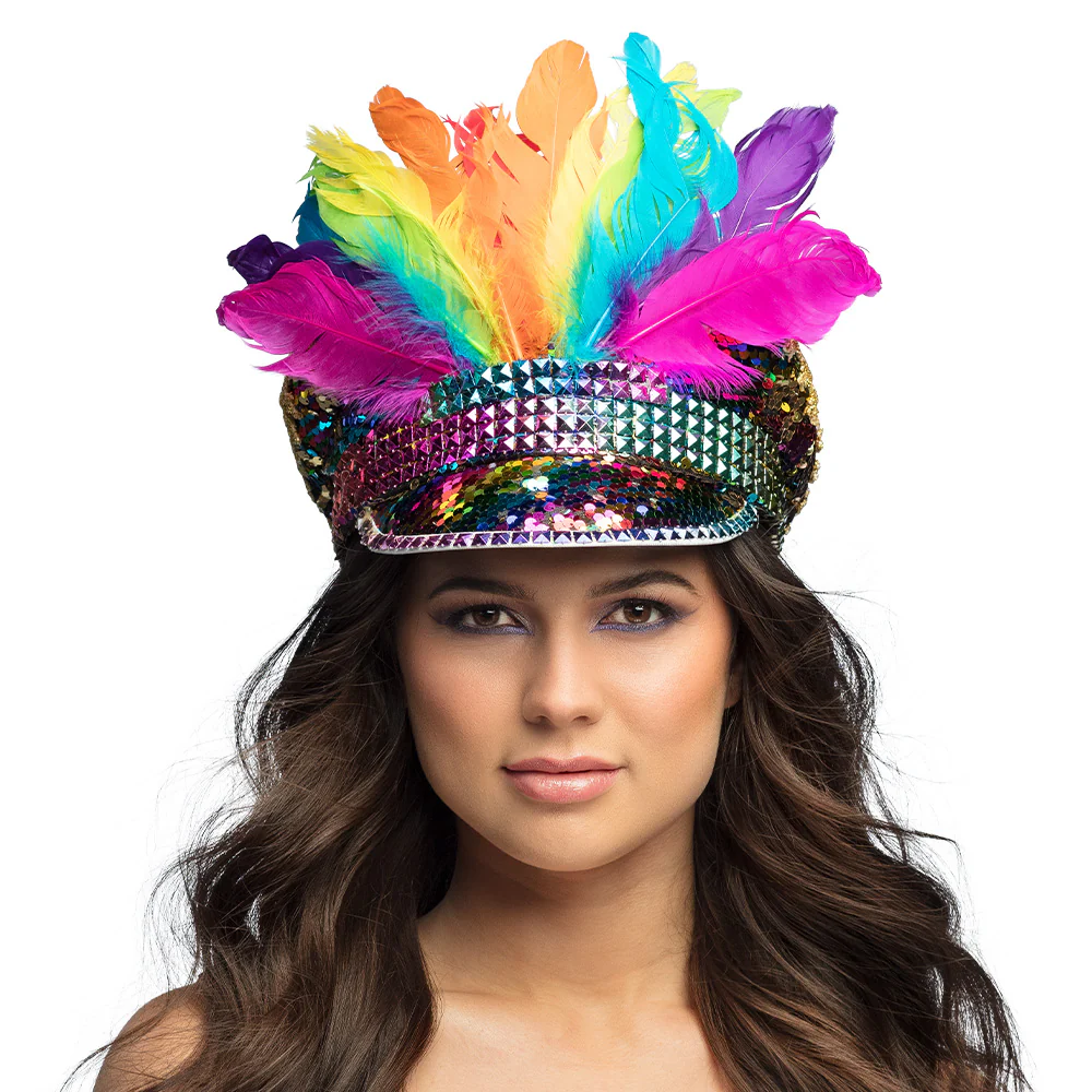 Regenboog glitter pet met veren - Image 2