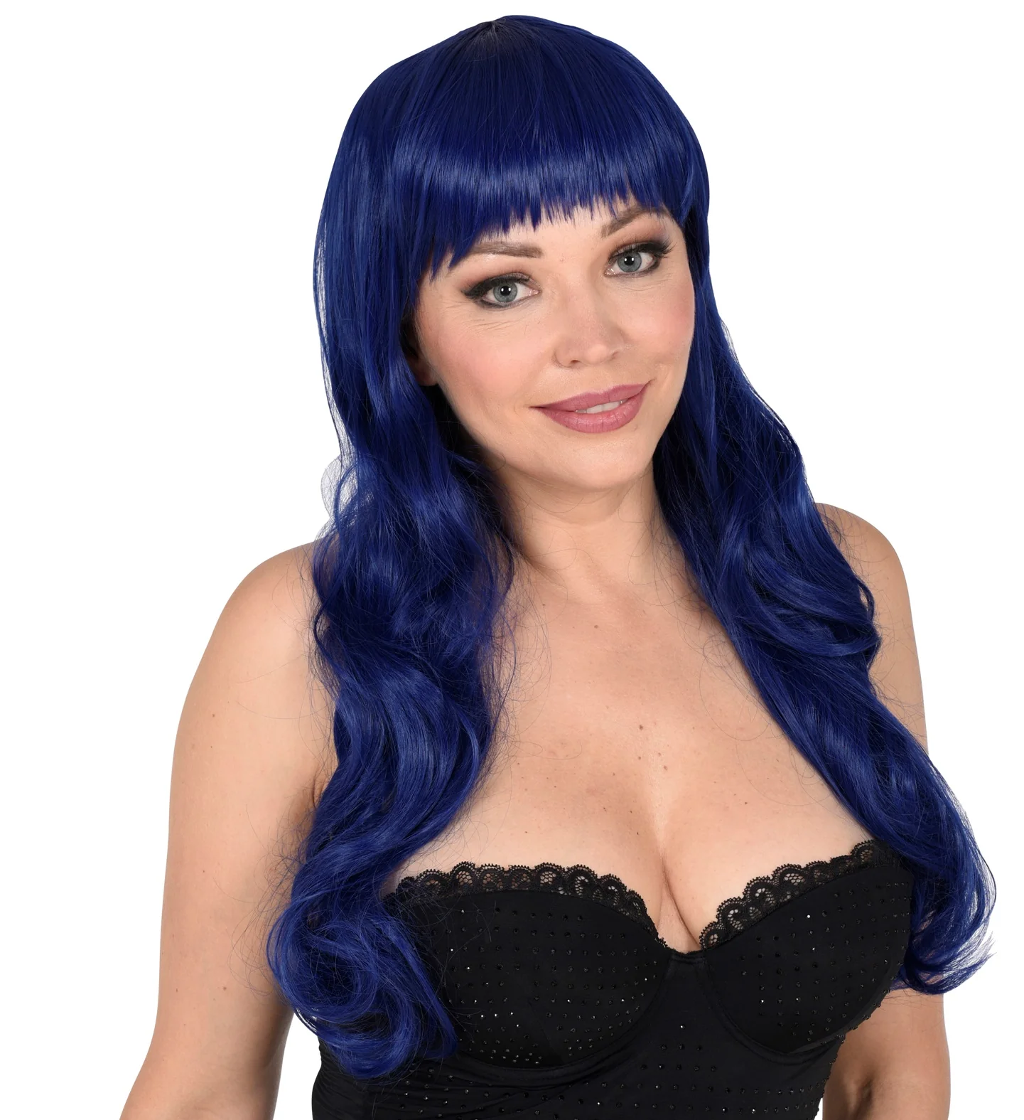 Blauwe pruik met pony en krullend haar - Image 2
