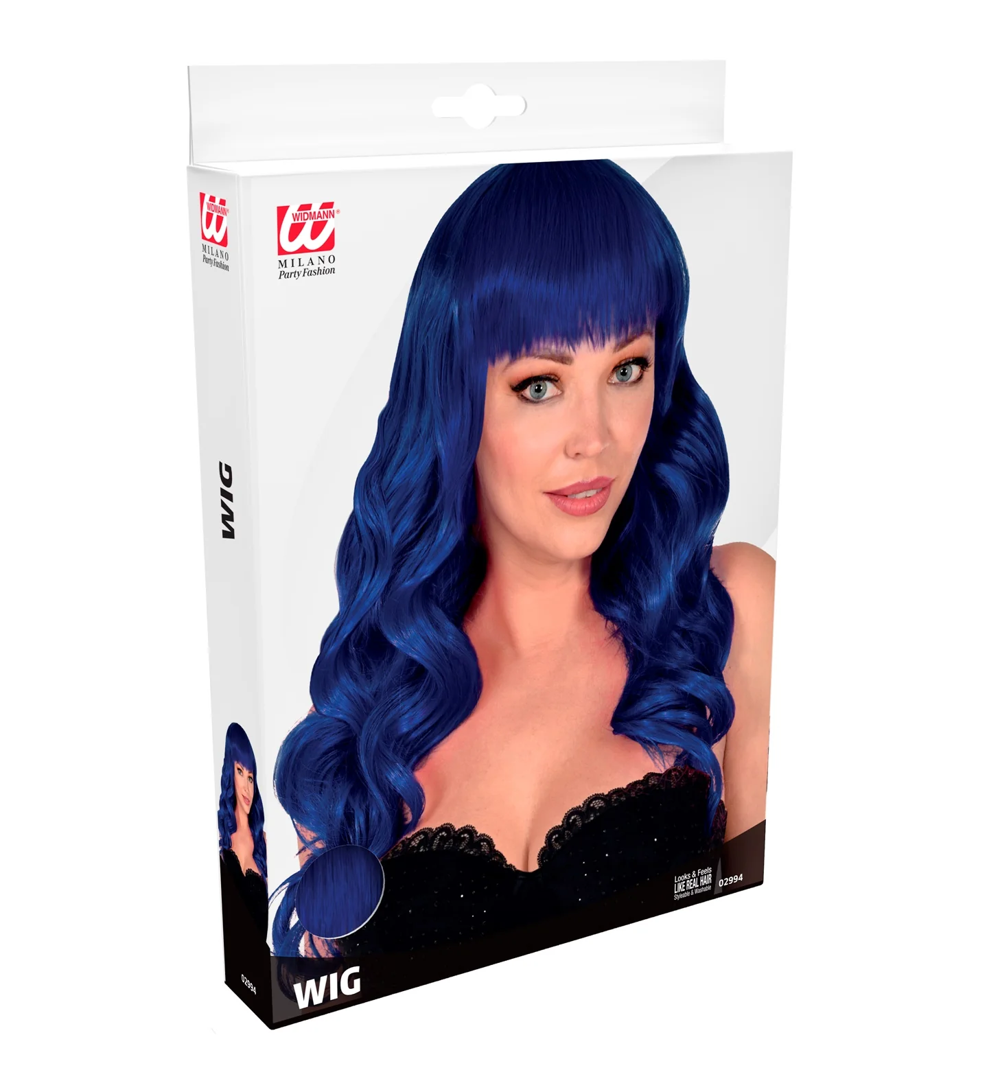 Blauwe pruik met pony en krullend haar - Image 3