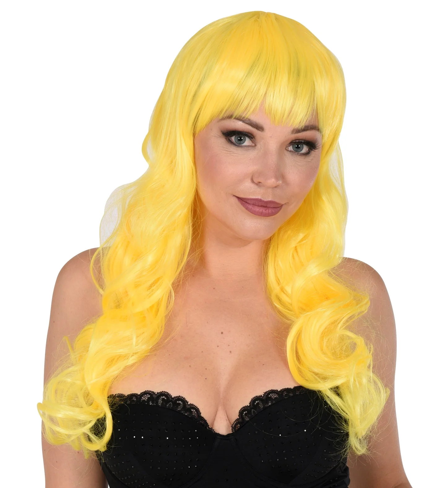 Gele pruik met pony en lang krullend haar - Image 3