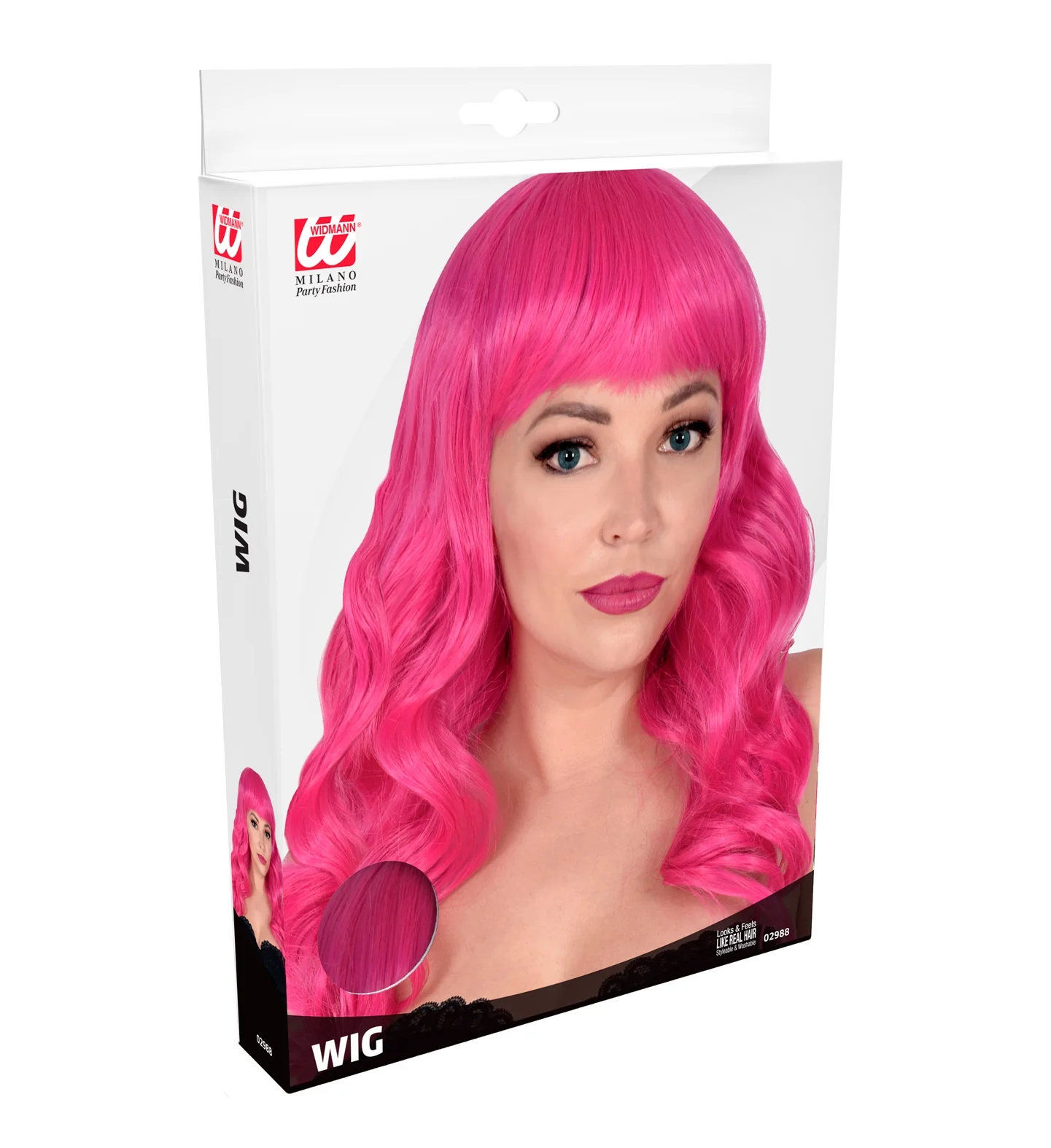Hard roze pruik met pony en lang krullend haar - Image 3