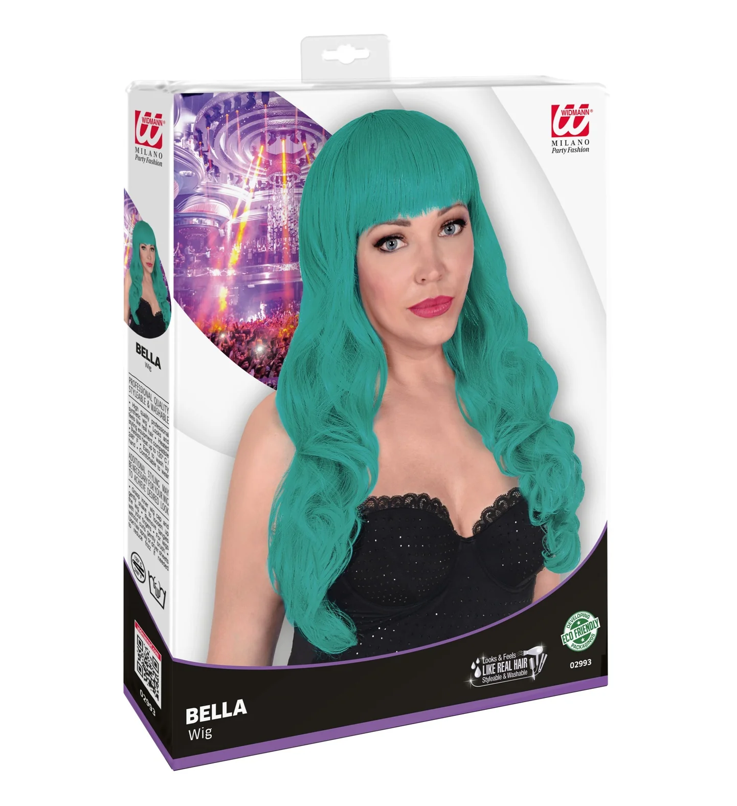 Turquoise pruik met pony en lang krullend haar - Image 3