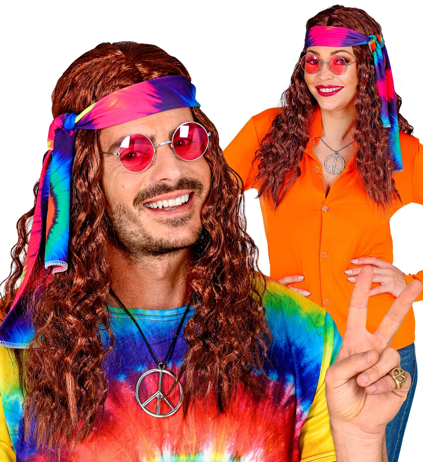 Hippie pruik bruin haren met hoofdband - Image 5