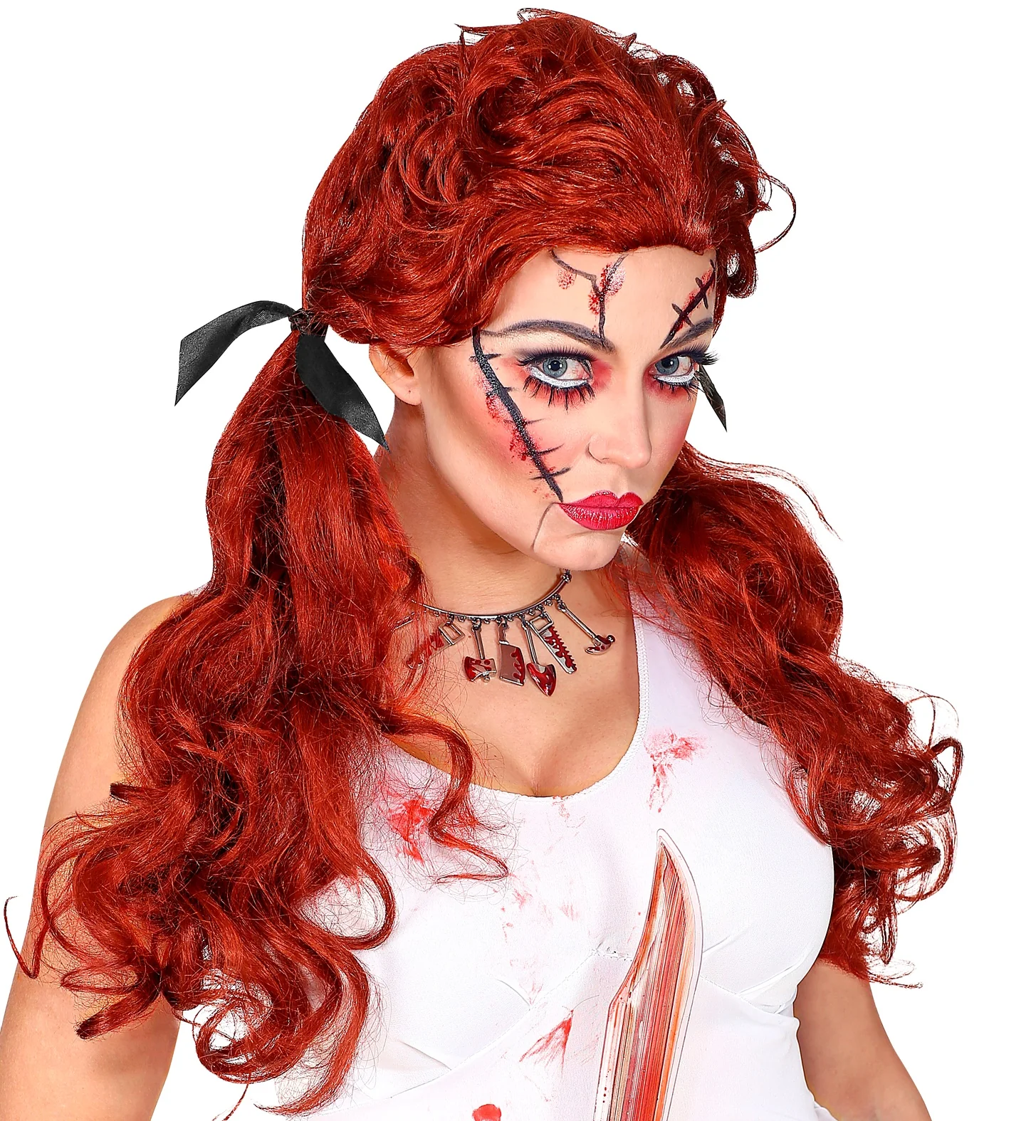 Rode halloween pruik met twee staartjes - Image 4