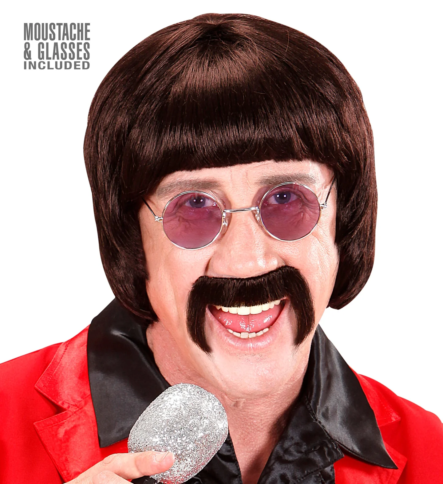 pruik popster 60s bruin met snor en bril - Image 2