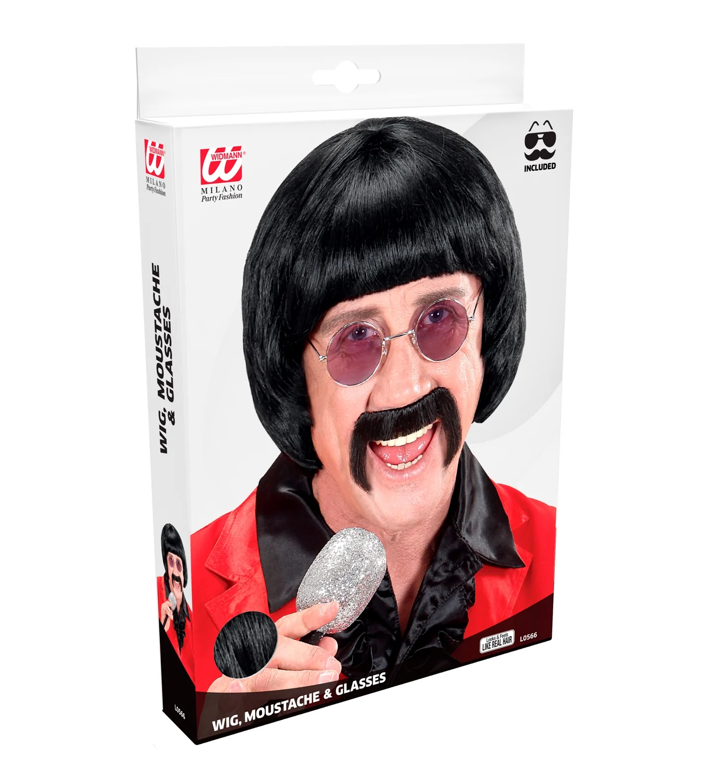 pruik popster 60s zwart met snor en bril - Image 4
