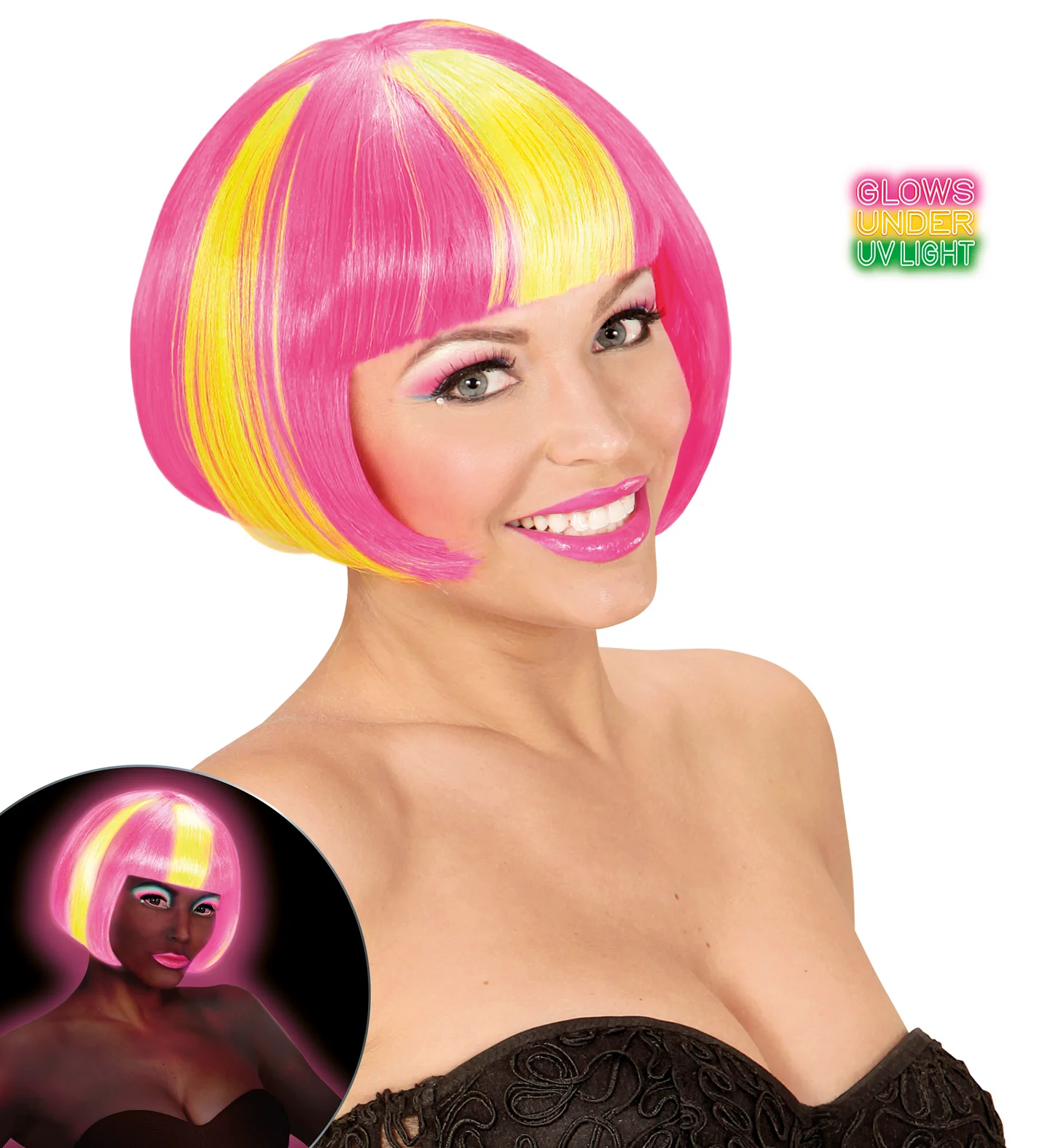 Roze/gele neon pruik, Valentina - Image 2