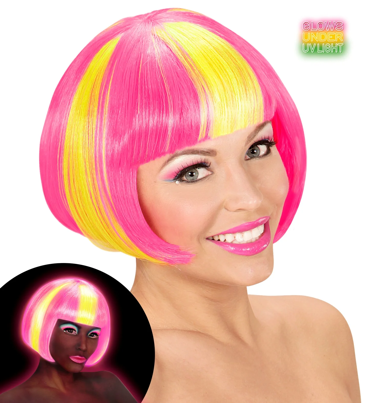 Roze/gele neon pruik, Valentina - Image 3