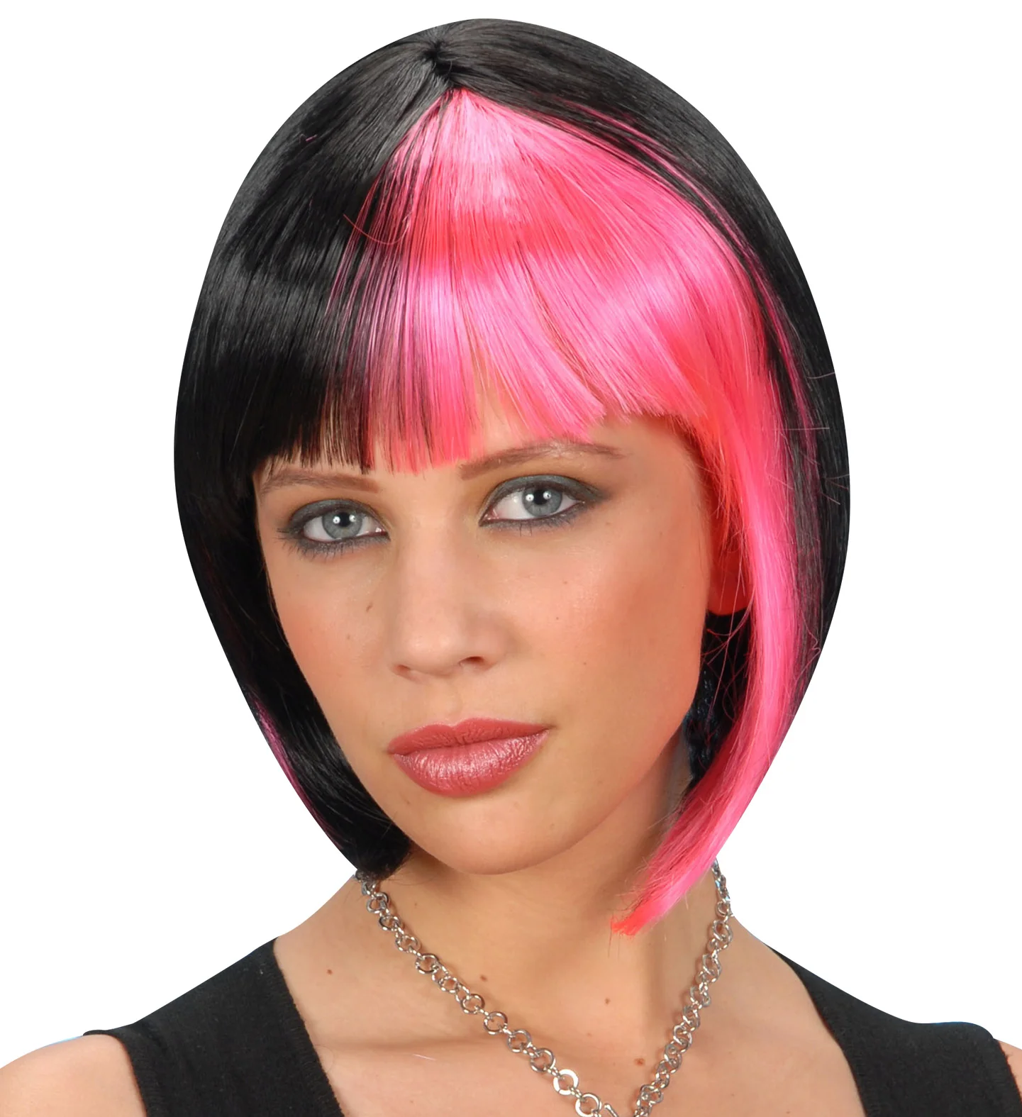 Bob pruik zwart met roze highlights