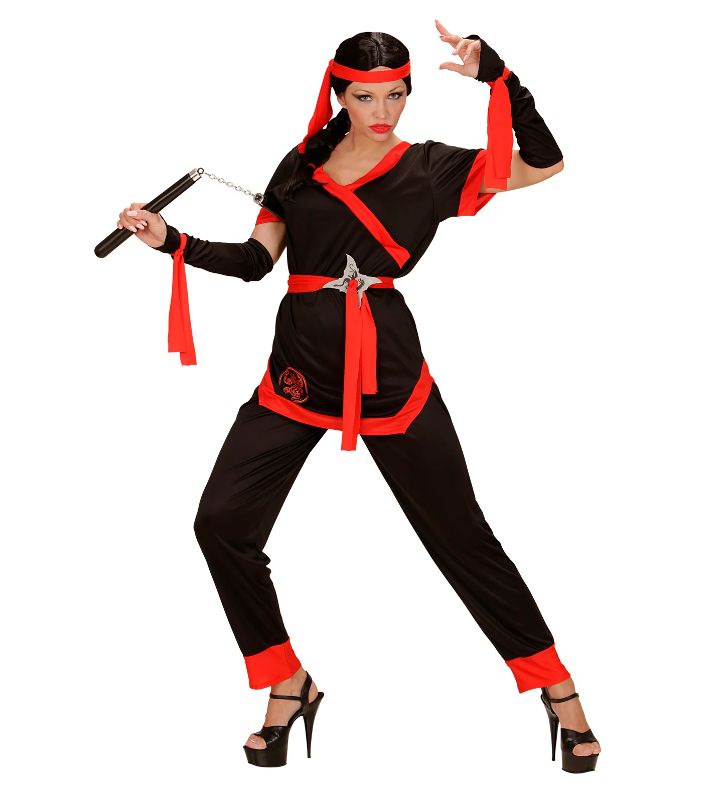 Ninja pak dames zwart met broek, jas, riem, armwarmers en hoofdband - Image 3
